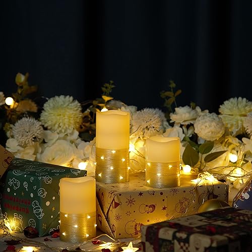 Miniatura 3 de H-BLOSSOM Velas parpadeantes sin llama, pilar de cera real color marfil con cadena de luces incrustadas, velas LED que funcionan con pilas con