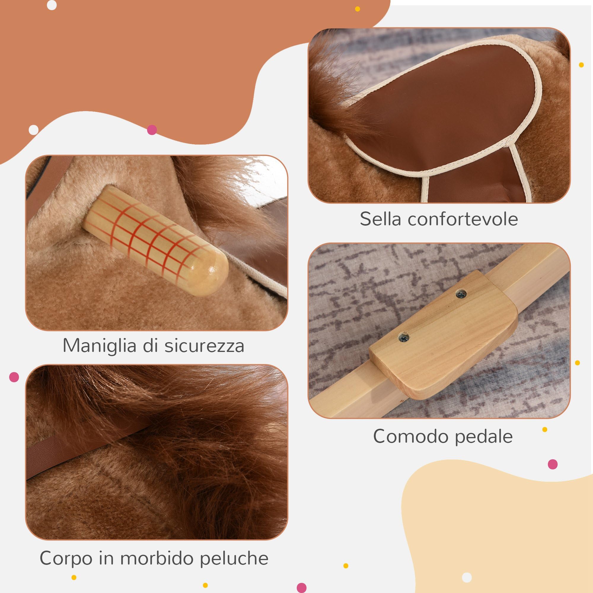 HOMCOM Cavallo a Dondolo per Bambini, Cavallino a Dondolo Bambini 36-72 Mesi, Cavalluccio Giocattolo con Suoni Realistici e 2 Batterie AA, Marrone