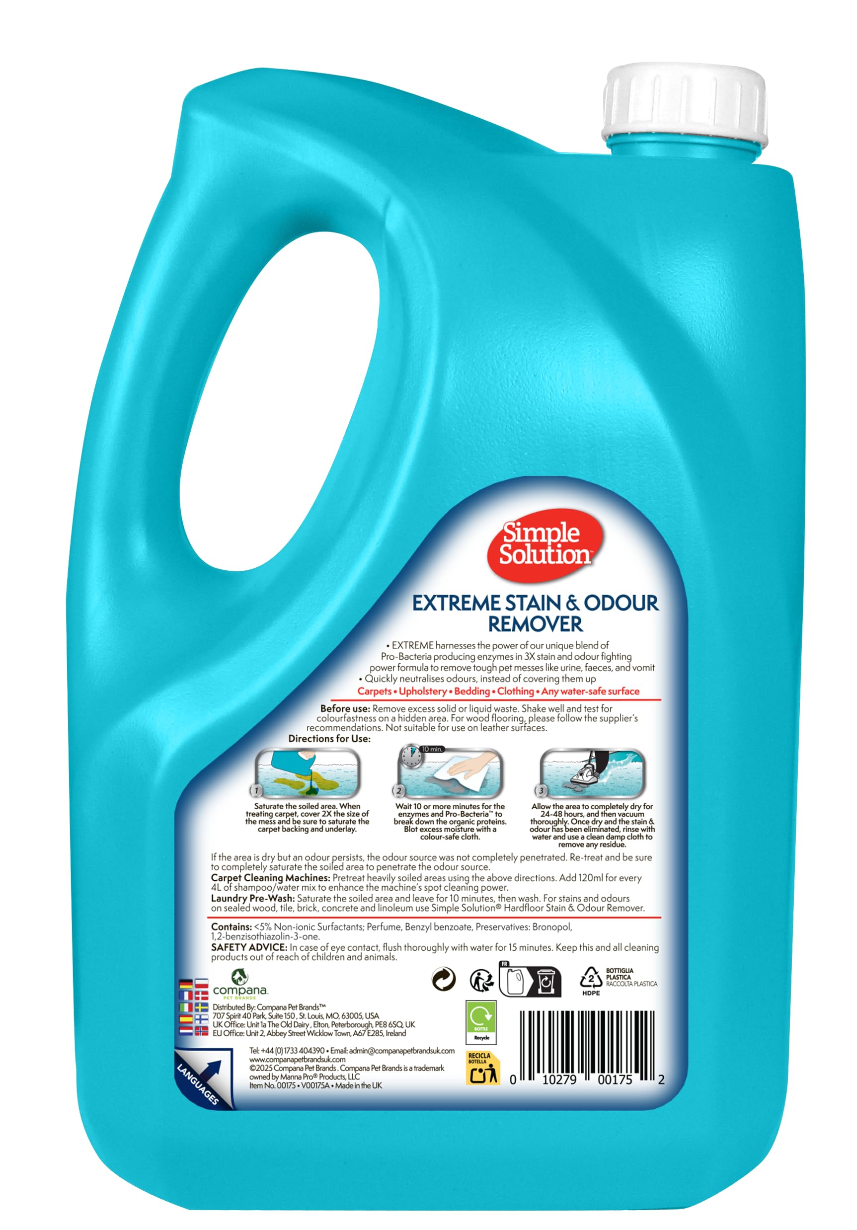 Simple Solution Extreme Pet Stain and Odour Remover, Enzymatic Cleaner with 3X Pro-Bacteria Cleaning Power - Dog and Cat - 4 litre