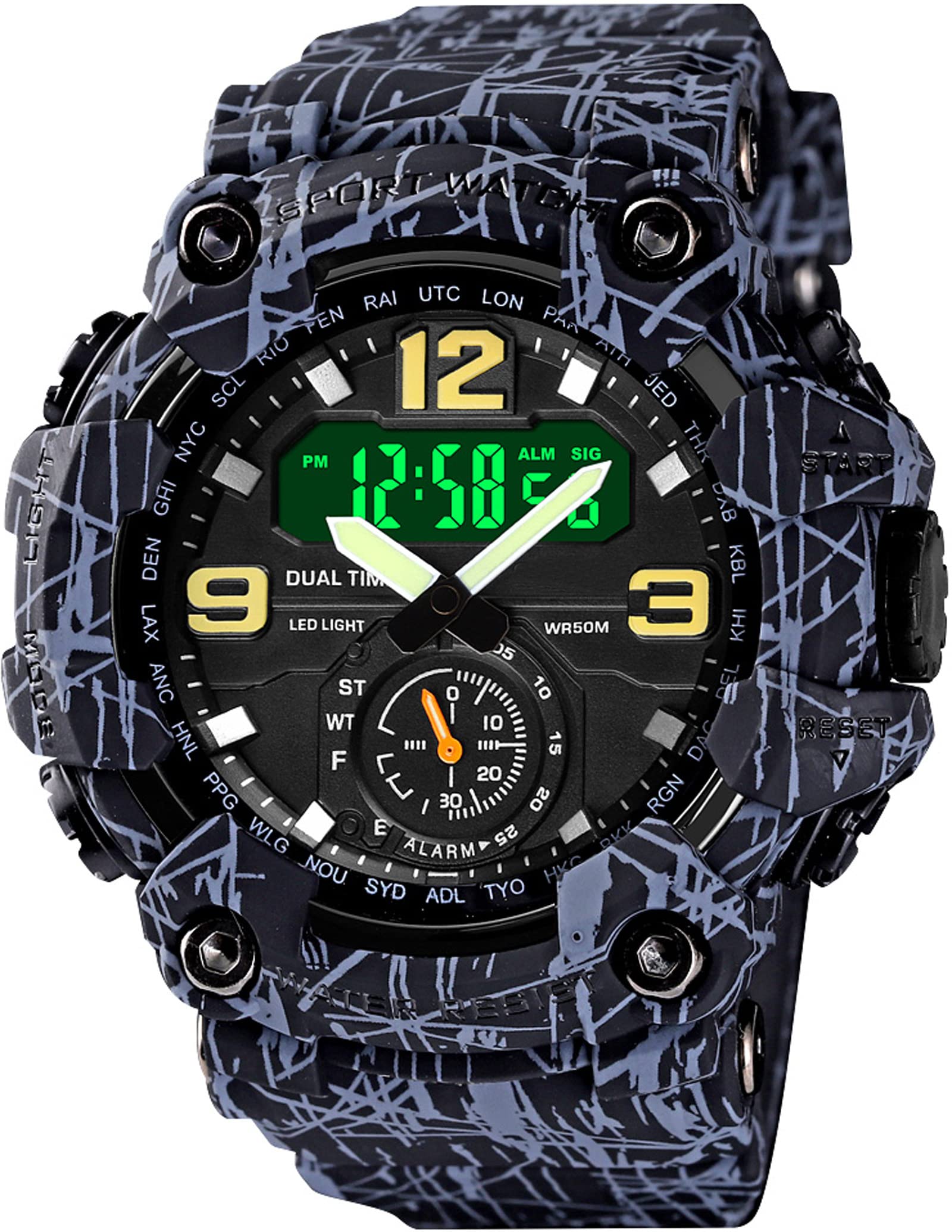 findtimeBig Face Men's Watches 50M Waterproof, Mens Analog Digital LED Outdoor Sport Watch 12H/24H Stopwatch Three Time Display