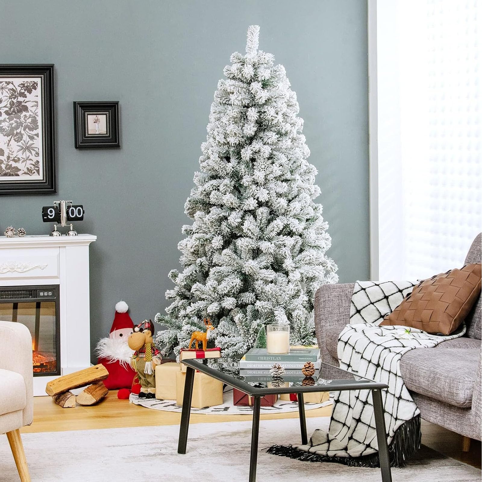 5 stóp Premium Snow Flocked Sztuczna Choinka Zawiasowa Sosnowa Pełna Świąteczna Choinka Do Dekoracji Domu i Biura Imprezy z Gałęziastymi Końcówkami Śniegu I Metalowym Stojakiem, L