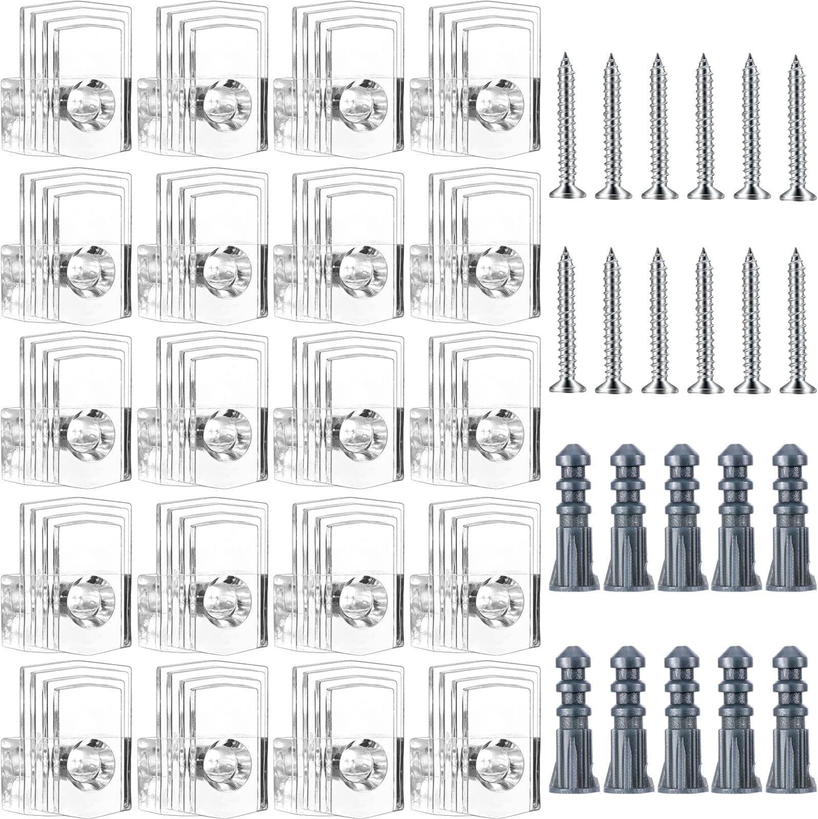 20 Pcs Mirror Holder Clips Bulk for Mirrors up to 1/4" (6mm) Clear Plastic Mounting Clips for Wall Mounting Hanging Hardware Glass Crystal Retainer Kit Rameless Hanging with Screws for Wall Door