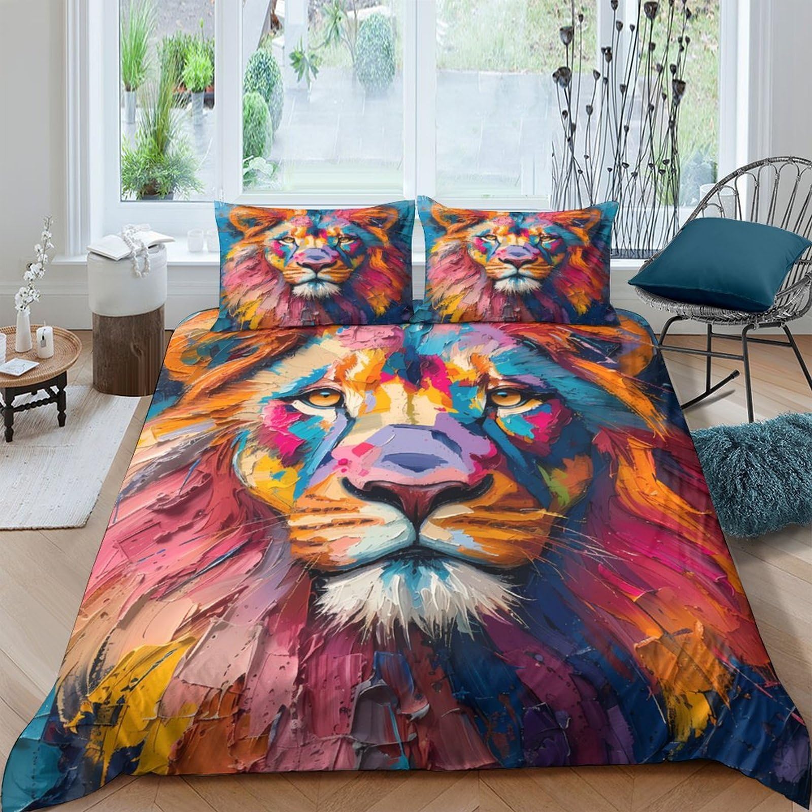 3D Printed Colorful Lion Duvet Cover Microfiber Soft Breathable Abstract Animal Bedding Set with 2 Pillowcases for Bedroom Home Decor Single（135x200cm）