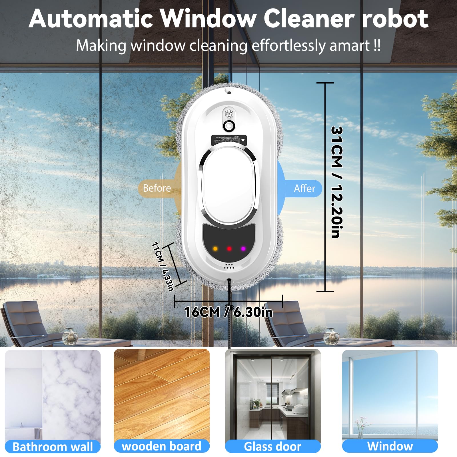 Robot Lavavetri 5600Pa, Robot Pulisci Vetri con 3 Modalità di Pulizia, Sistema di Sicurezza, Rilevamento Intelligente dei Bordi, Telecomando e 10 Panni in Microfibra, per Vetri e Superfici Lisce
