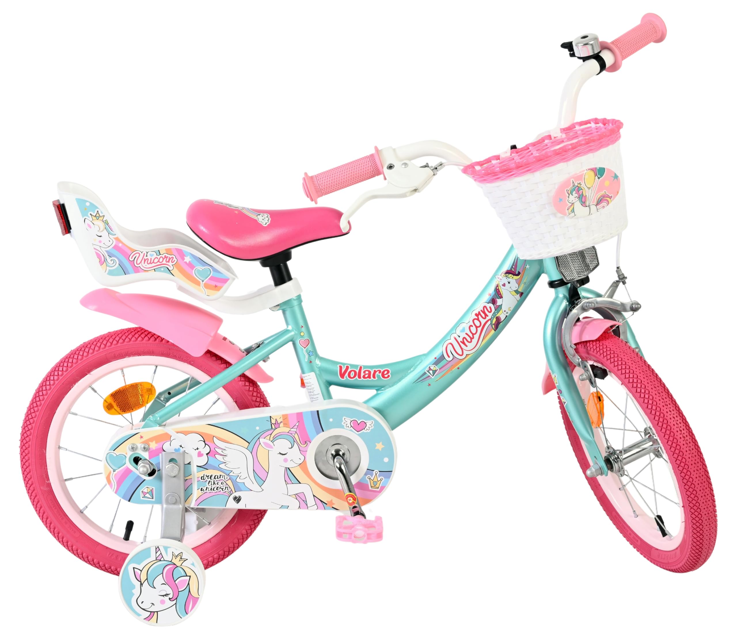 Volare Einhorn Kinderfahrrad Green | 3,5–5 Jahre | 14-Zoll-Räder | Hand- & Rücktrittbremse | Stützräder | Verstellbarer Sattel | Puppensitz Achter & Korb voor | Geschenk voor meisjes