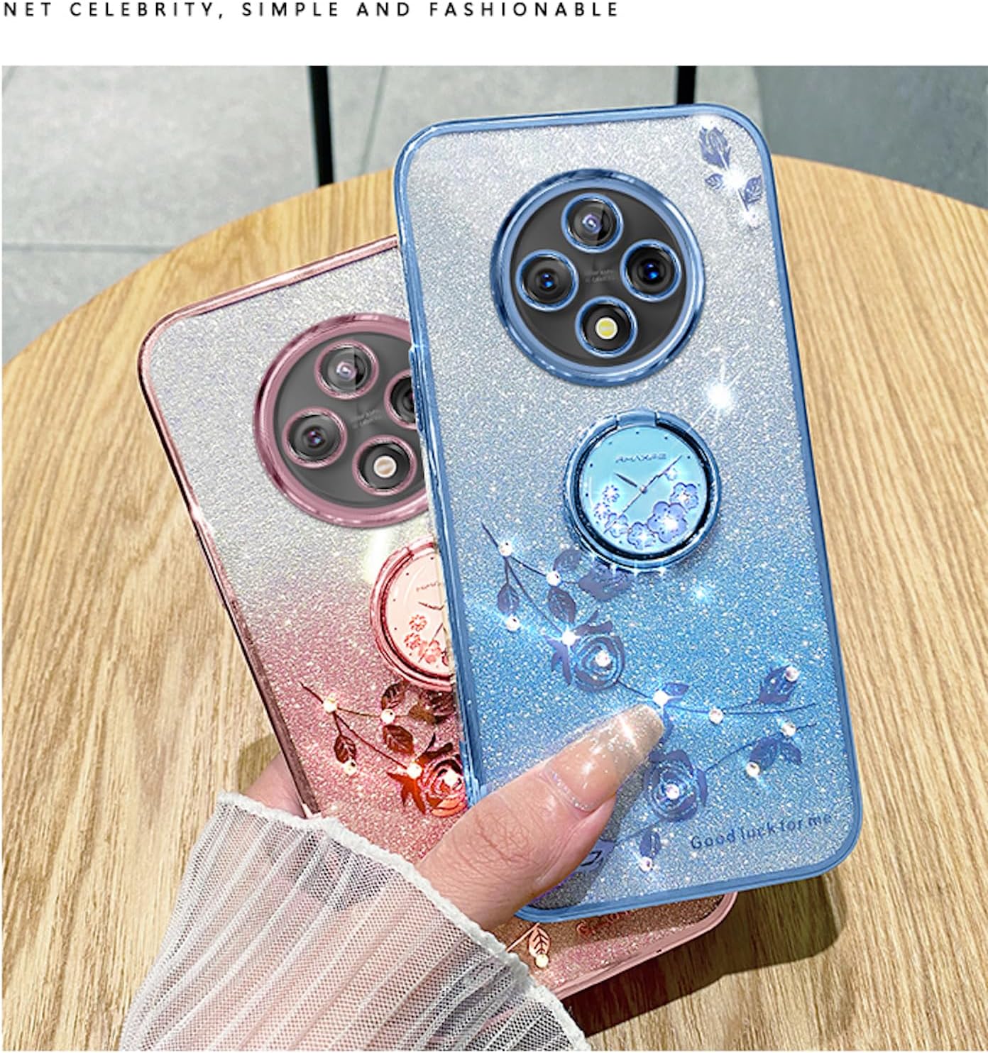 for Xiaomi Redmi 14C 4G Case for Women Girls, Luxury Plating Bling Glitter Sparkle Flowers Shockproof Case with Ring Stand for Xiaomi Redmi 14C 4G.Flowers Blue - Image 2