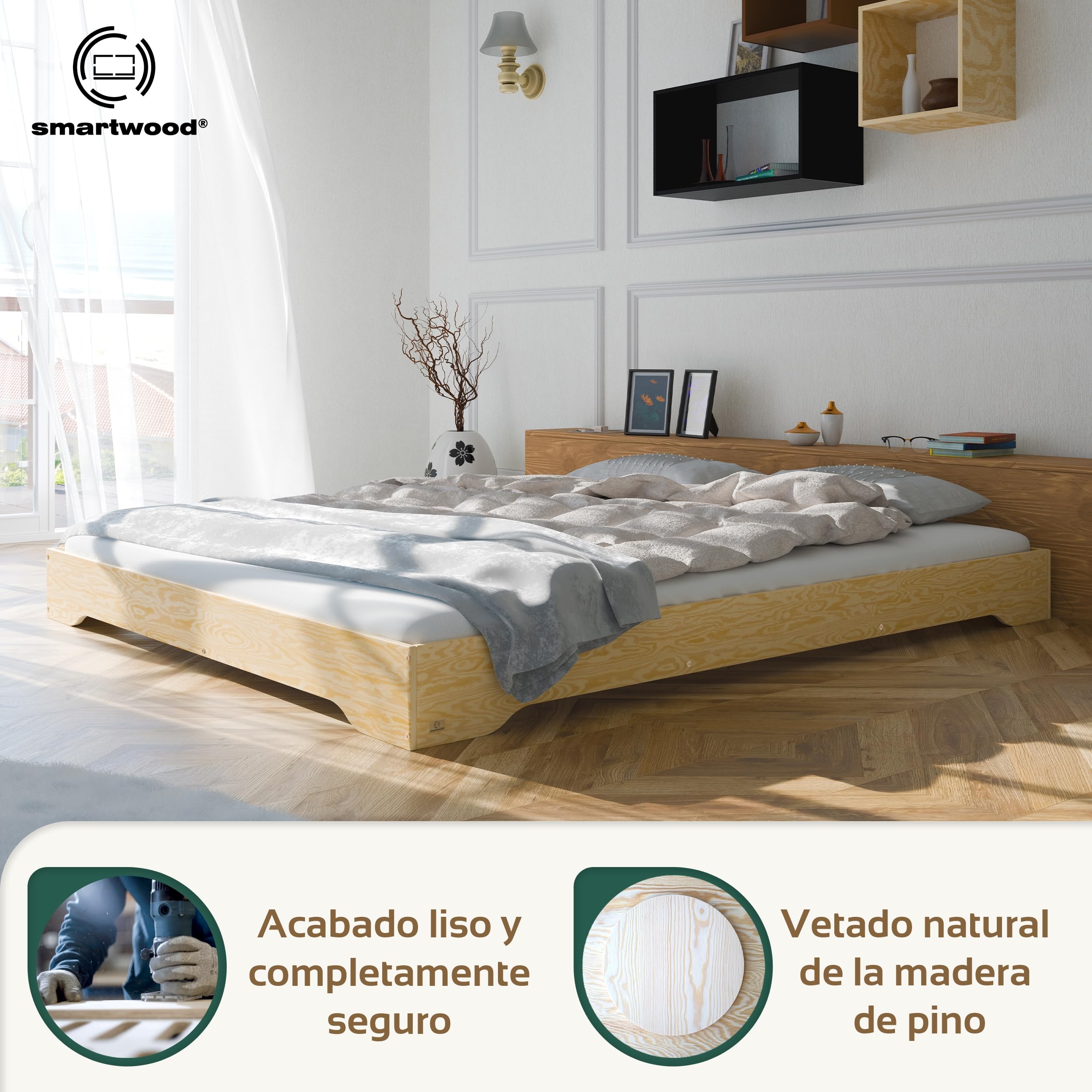 smartwood Cama 160x190 cm con Somier, de Madera, Madera, TILA 7 | Cama matrimonio, contrachapado de pino FSC, carga 300 kg, montaje fácil, bordes redondeados, estilo escandinavo
