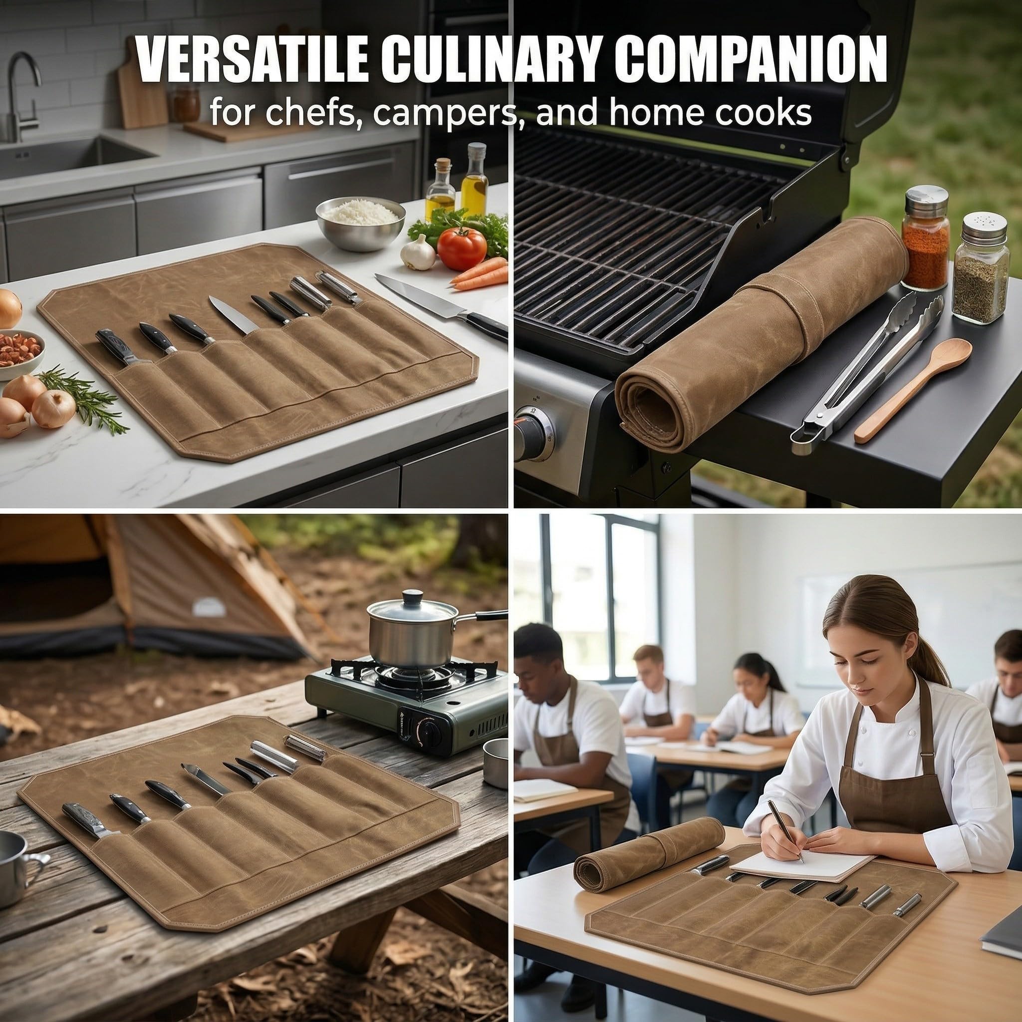 HAGNA 1 Pezzi Borsa Porta Coltelli Da Chef, Borsa Coltelli Con 7 Fessure, Custodia Per Attrezzi, Borsa Di Utensili Di Cucina, In Tela Cerata, Impermeabile, Cachi, 56 * 45Cm