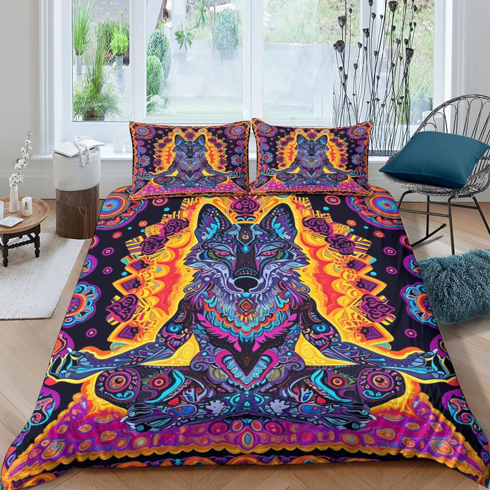 Parure de lit 3 pièces motif renard housse de couette hypoallergénique