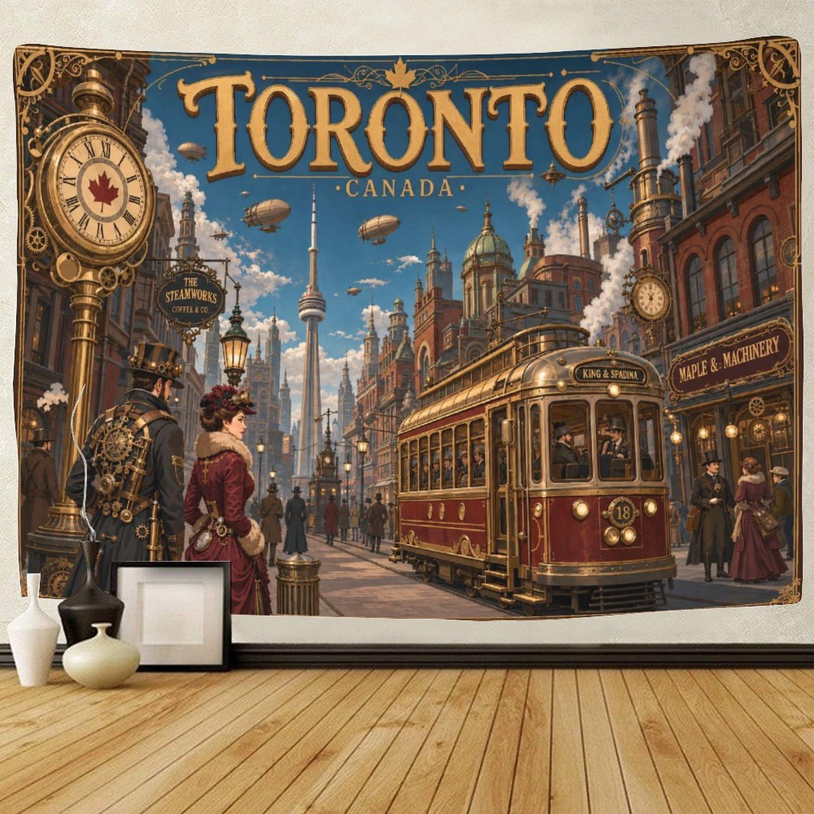 GPMNBCXZK Steampunk Toronto Streetscape Wall Hanging Decor 3D Print Tapestry for Bedroom Tapestries Poster Curtain Bedroom College Dorm 70cmx100cm
