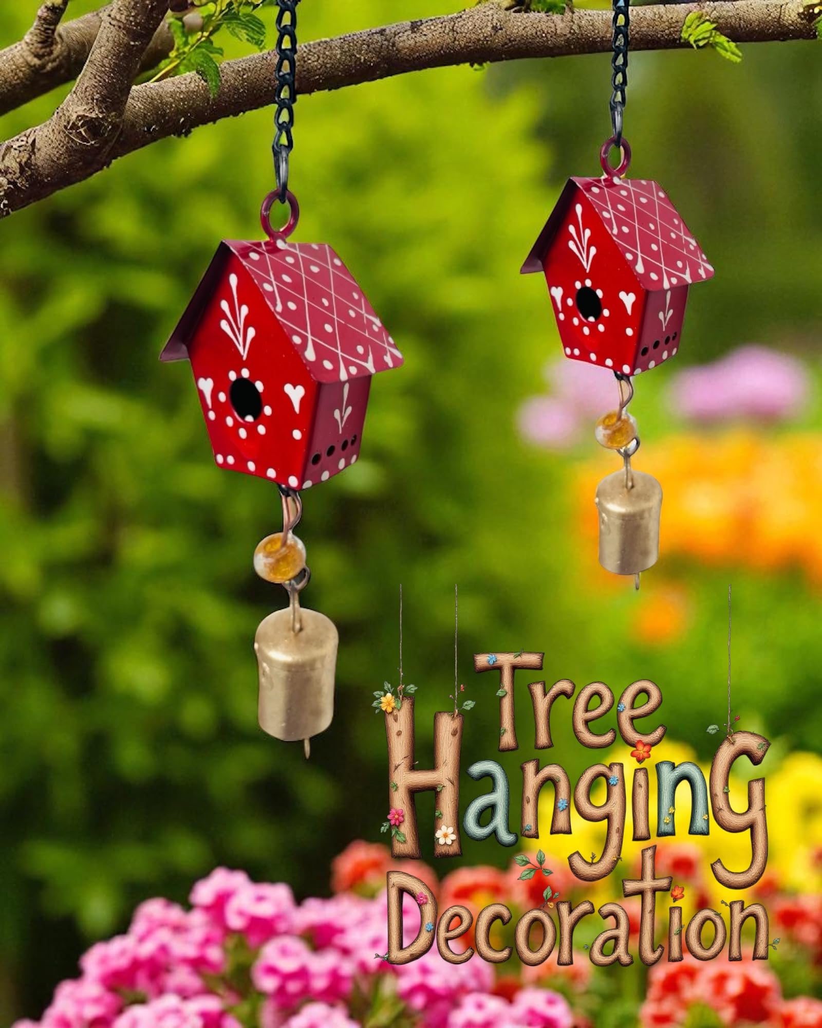 Rustic Hut Wall Hanging - Handpainted Bells -4 Rustic Hut Wall Hanging - Handpainted Bells -4