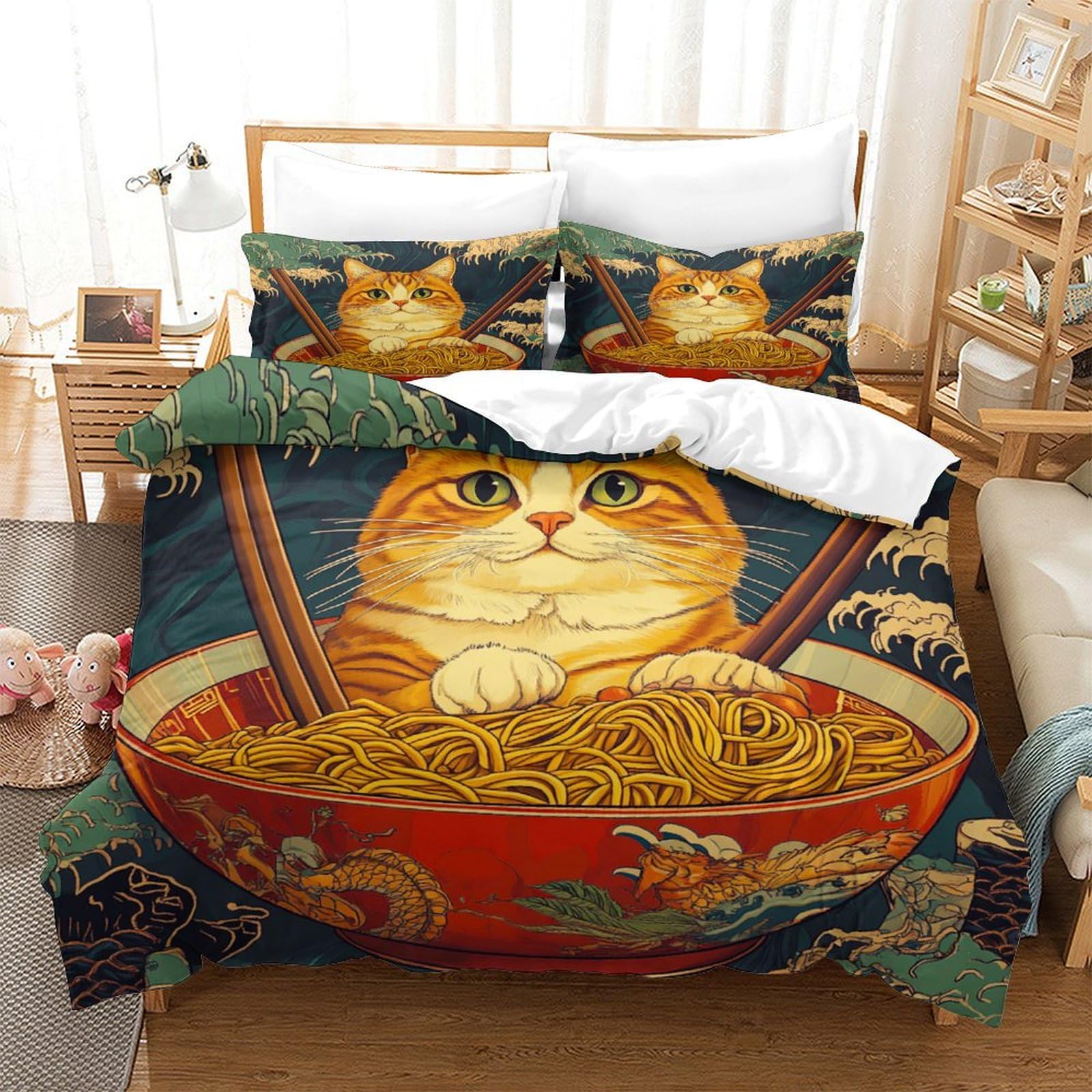 3D Drucken Bettwäsche Set Ginger Katze Ramen-Nudeln 3 Teilig Bettbezug Luxus Modern Mit Reißverschluss Für Geschenke Zimmer Deko Für Erwachsene Und Kinder King（220x240cm）