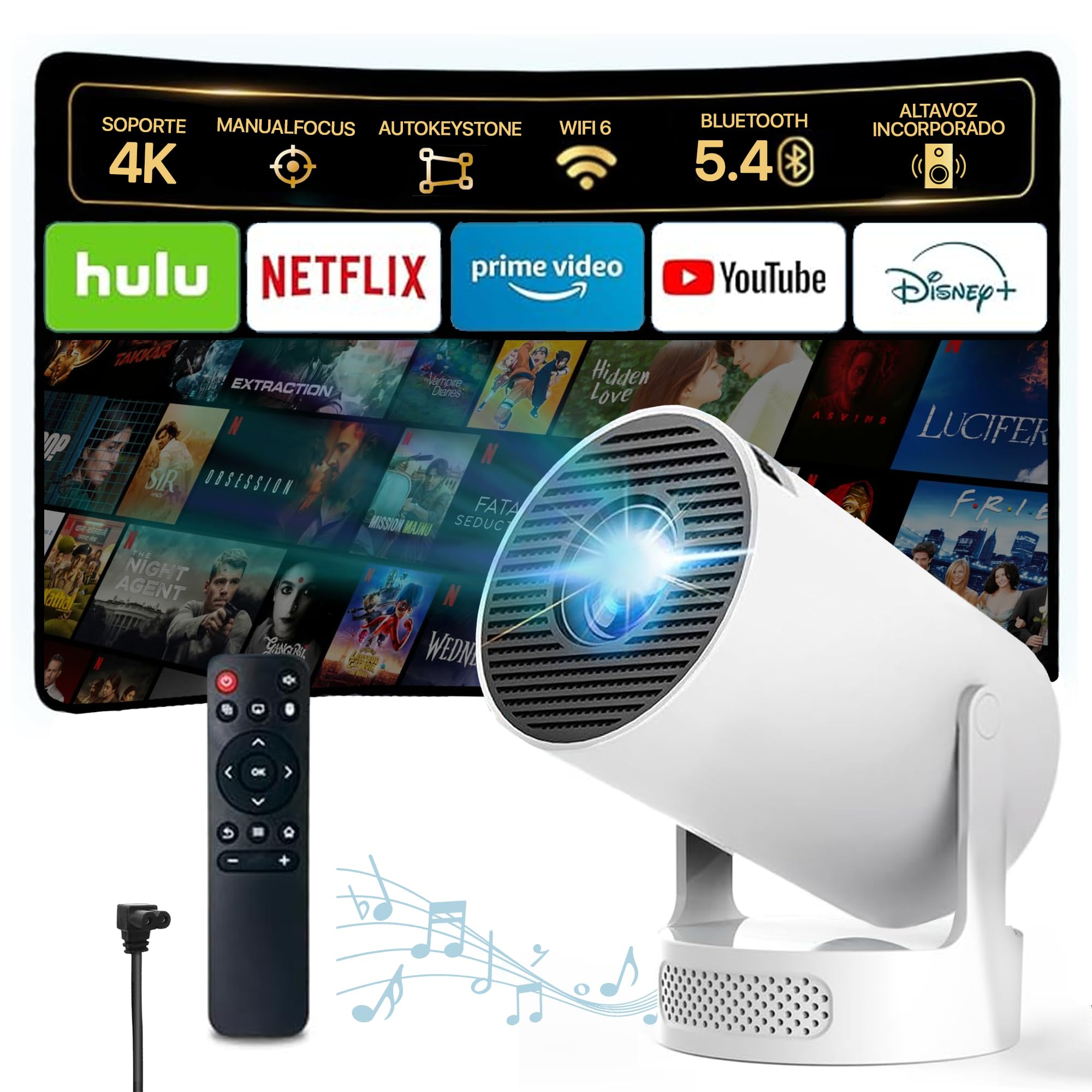Proyector Portátil con Altavoz, 4k, WiFi, Bluetooth [Apps Integradas] Sistema Android 2026 Upgraded Mini Proyector de vídeo con Altavoz Integrado, Proyector Cine FullHD HDMI/portátil/móvil.