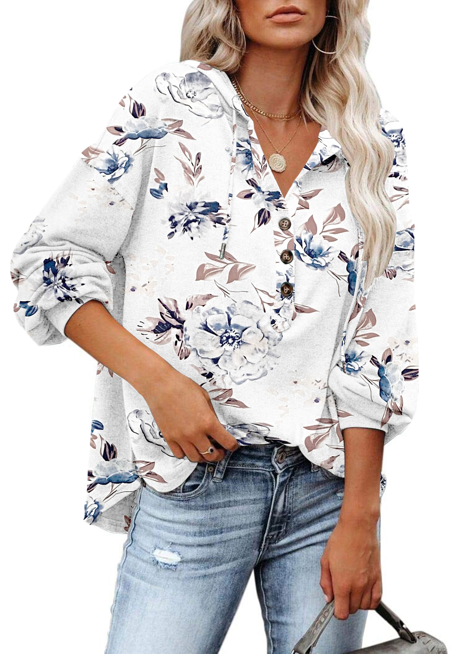 PLOKNRD Felpa Oversize da Donna a Maniche Lunghe Pullover con Cappuccio Abbottonato con Coulisse