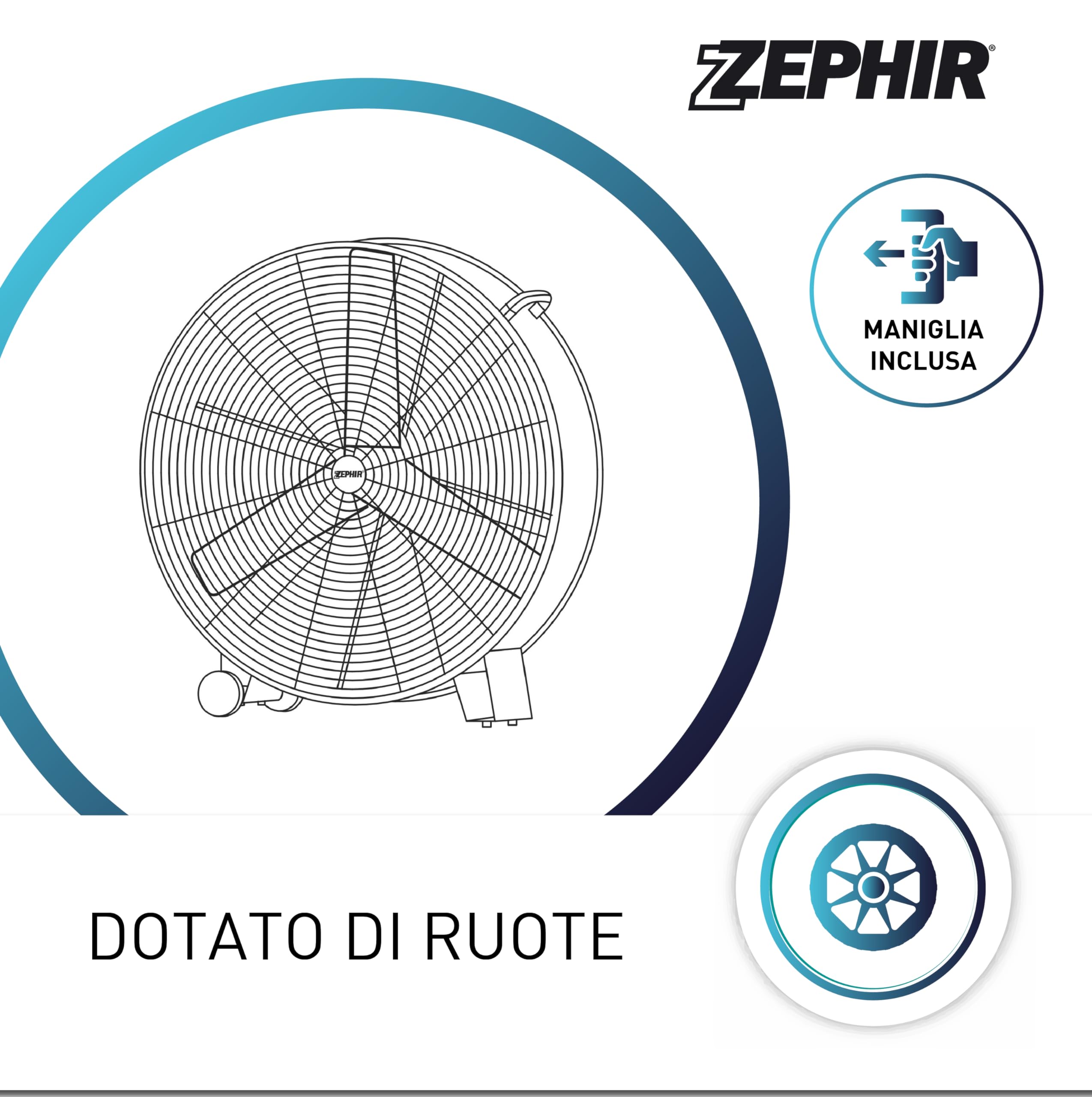 Zephir ZDM90CM Ventilatore Industriale da Terra Professionale con Ruote Struttura Interamente in Metallo Superpotente Pala 90 cm Gabbia 3 velocità selezionabili Motore da 360W, Nero
