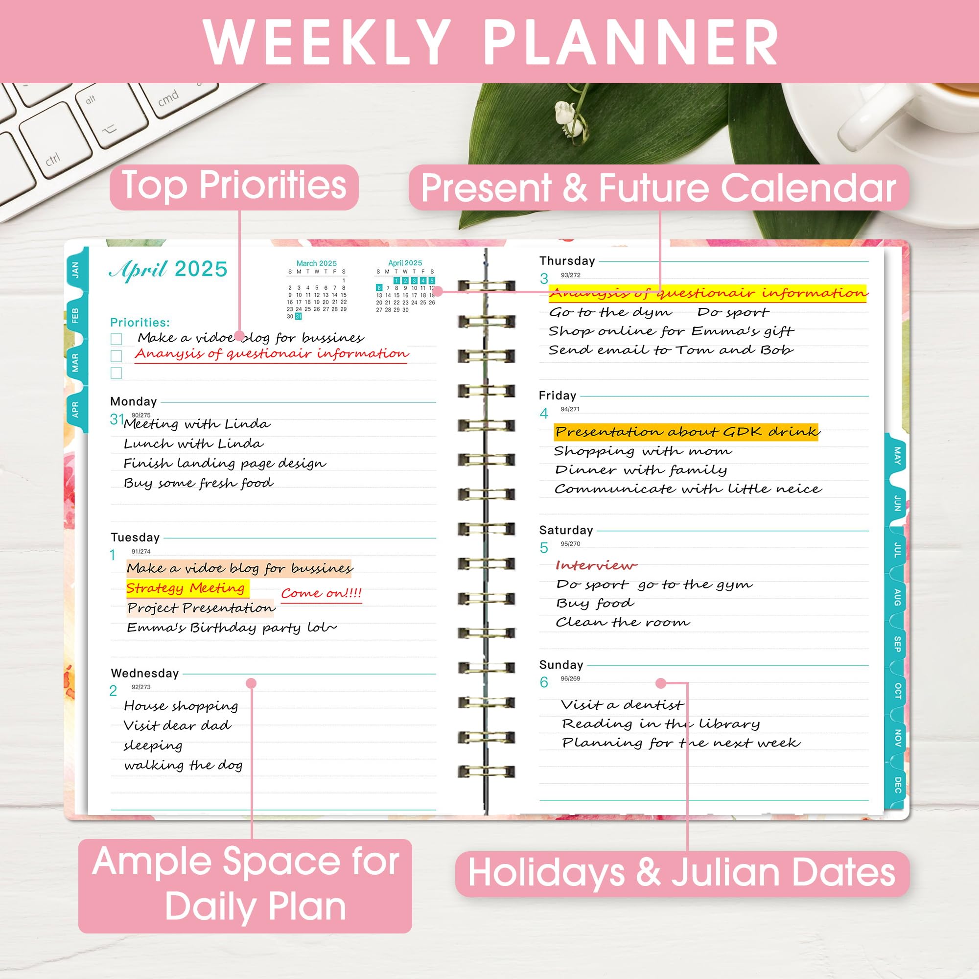 Inspired By Erin Condren 2025 Weekly/Monthly Planner 8.3\"x6\" Watercolor Painted Print: Spiral Binding, Adult Stationery