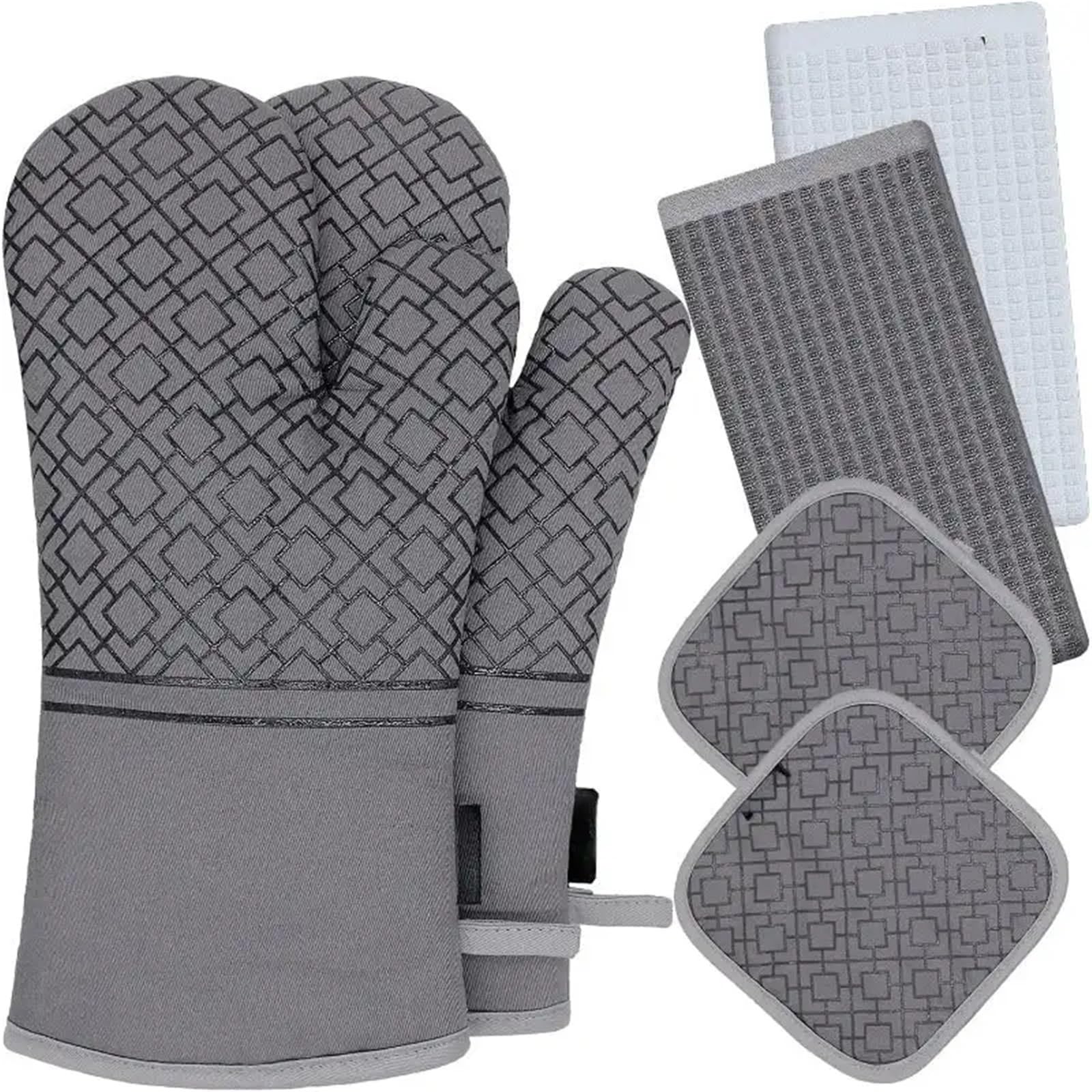 Oven Mitts And Pot Holders Set 6pcs, Kitchen Glove,High Heat Resistant 550 Degree Extra Long And Potholder