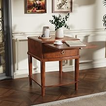Farmhouse End Side Table with Pull-Out Tray And Storage Drawer, Sofa Beside Tables with Wood Leg, Nightstand, No-Tools Assembly 17.7L x 19.7W x 22.8H for Living Room, Caramel Brown CJZ-A1569-MG