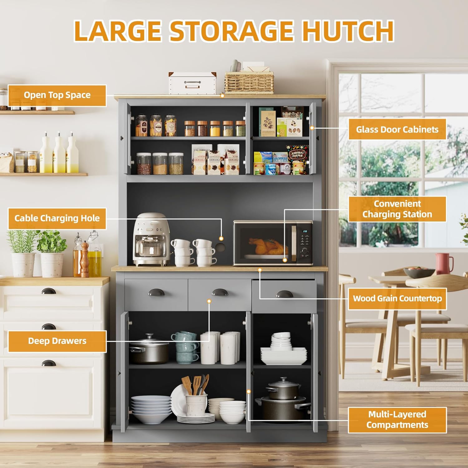71" Kitchen Hutch with Charging Station, Tall Pantry Storage Cabinet with Microwave Stand, Adjustable Shelves, Slide Drawers, Large Buffet Pantry Cabinet for Kitchen, Dining Room, Grey