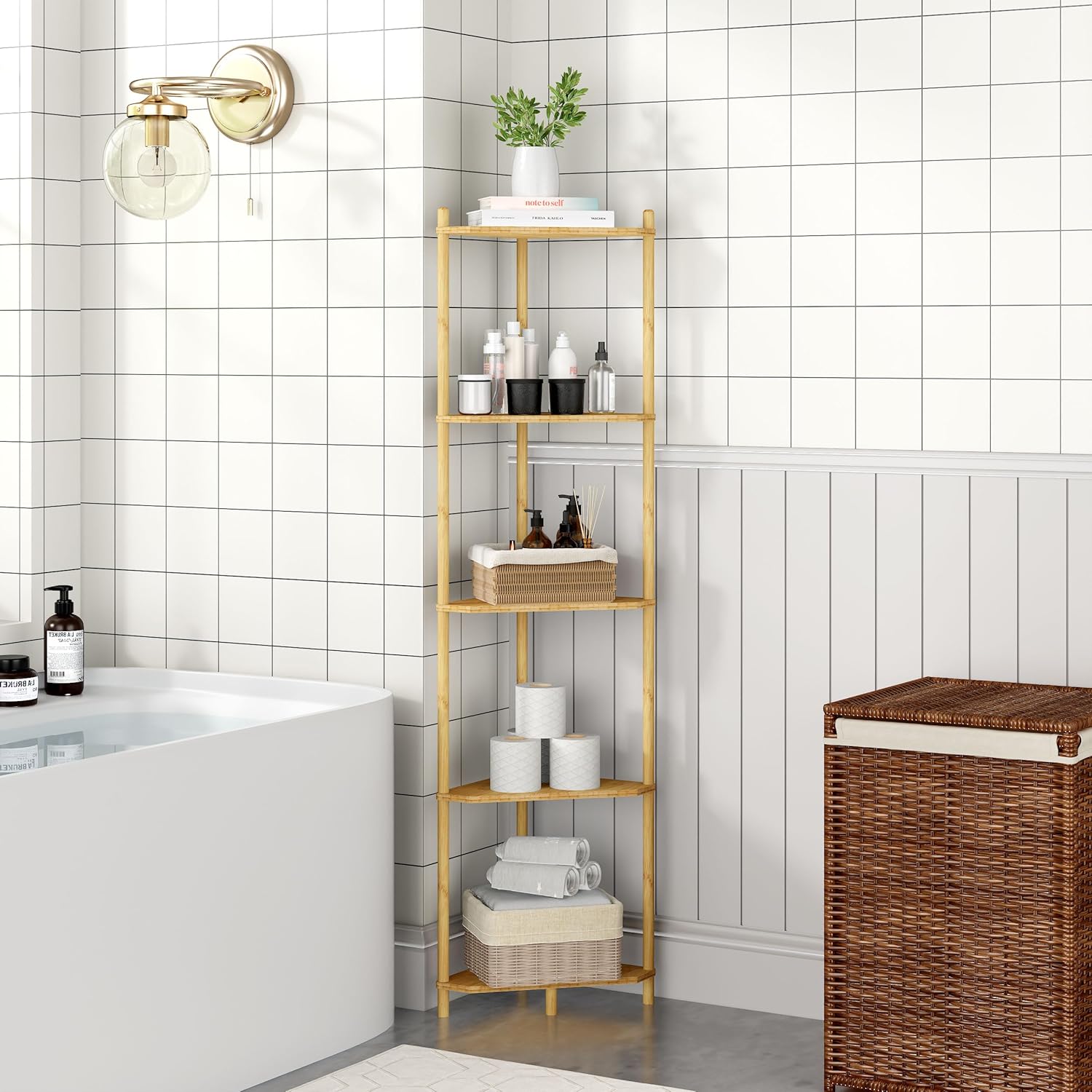 Corner Shelf Stand - 5 Tier Bamboo Small Corner Bookshelf for Office Kitchen Bedroom Plant Stand Living Room Decor Small Space (Natural, 5 Tier)