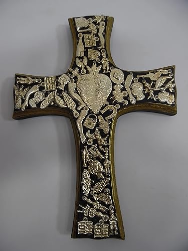 MILAGROS CROSS wood, miracle charms, Mexican Handmade Folk Art, wall hang deco
