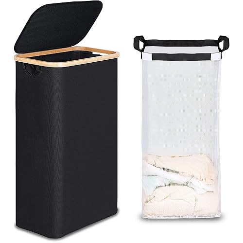 efluky Slim Laundry Basket with Lid, Narrow Laundry Hamper with Removable Bag, Skinny Dirty Clothes Basket with Bamboo Handles for Bathroom, Bedroom & Laundry Room, 75L Black