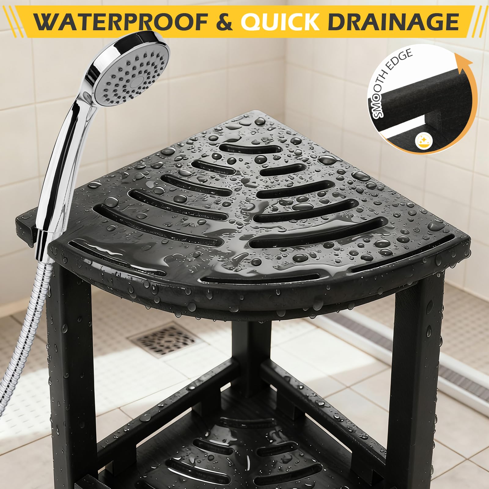 Taburete de ducha de esquina de polietileno de alta densidad para afeitarse las piernas, taburete de ducha impermeable con estante de almacenamiento para baño, color negro