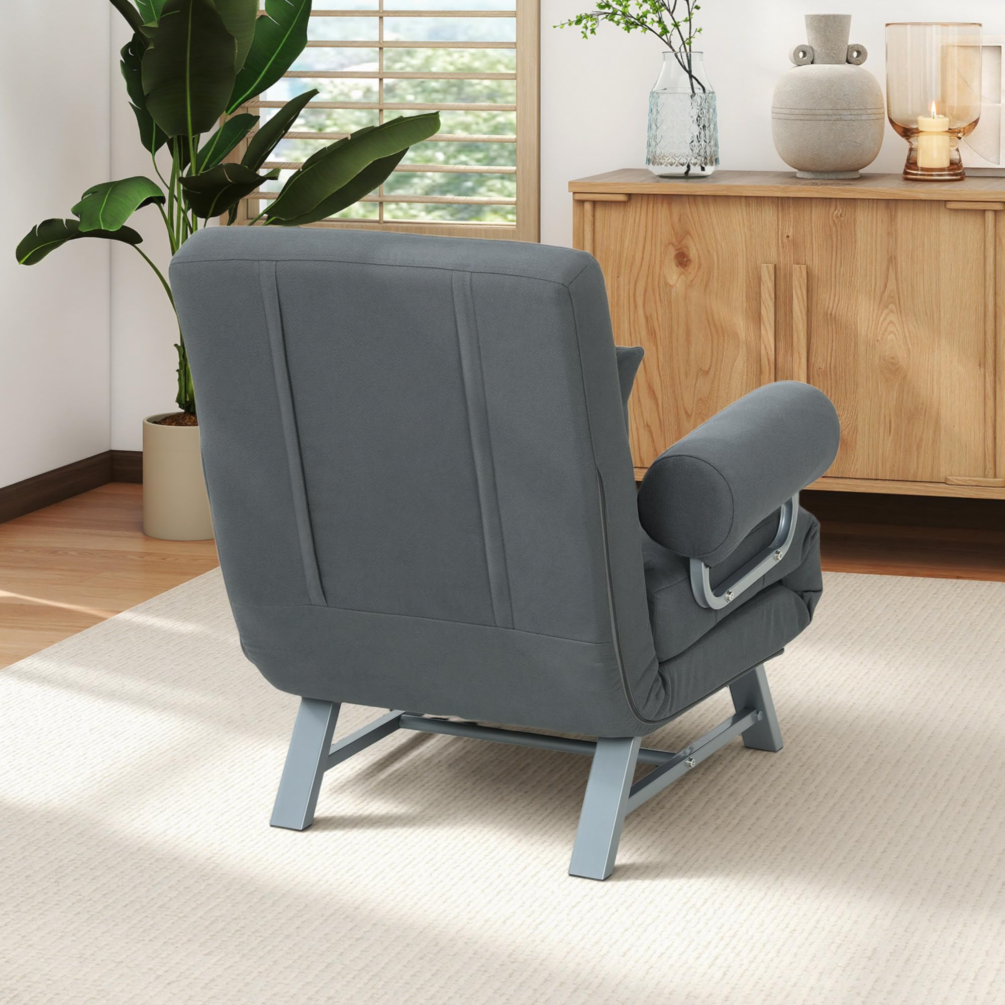 HOMCOM Sofá Cama de 1 Plaza 3 en 1, Sofá Cama Plegable Tapizado en Lino Sintético con Respaldo Ajustable de 5 Niveles y Almohada Acolchada, para Oficina, Dormitorio, Salón, 73x78x81 cm, Gris Oscuro
