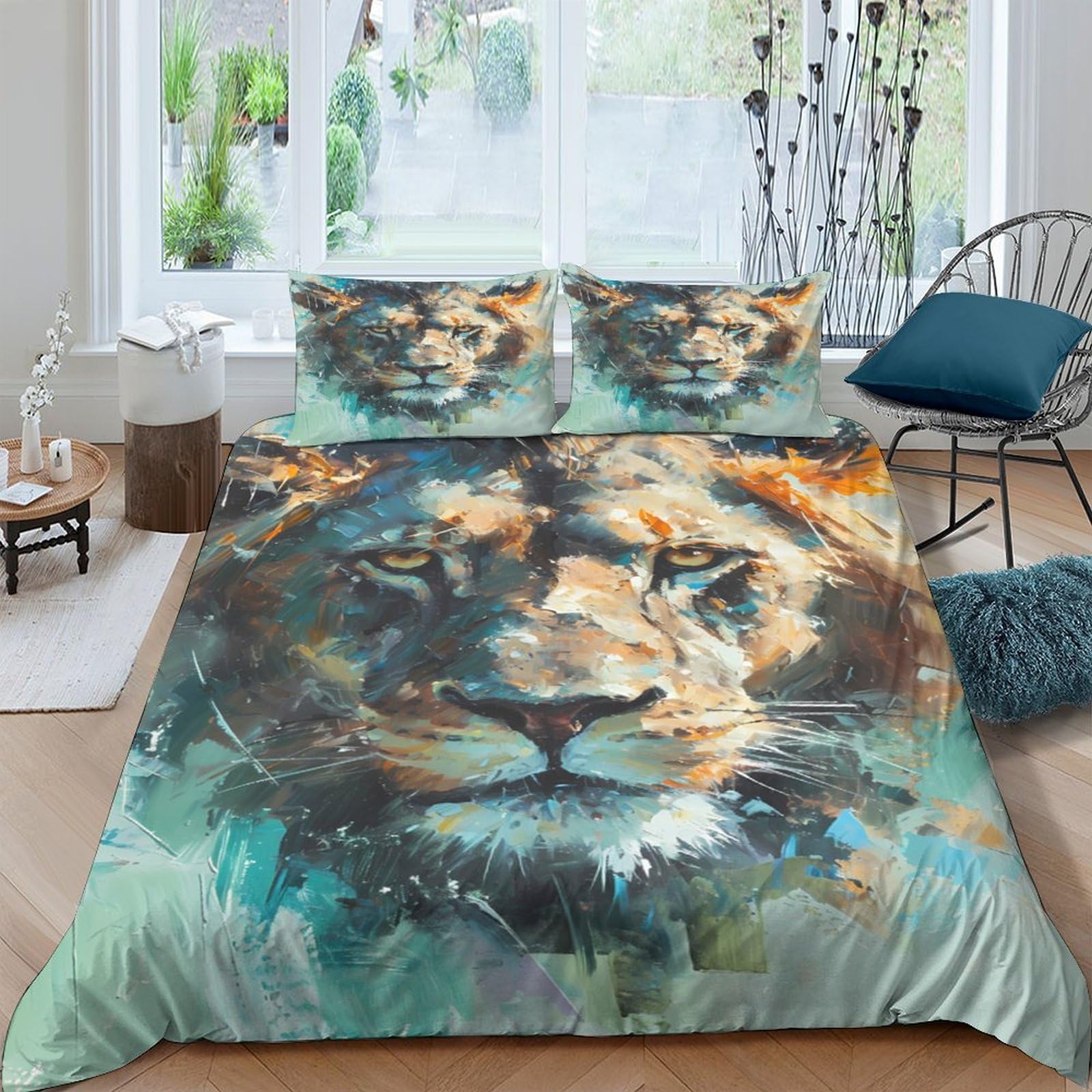 3D Printed Lion Face Duvet Cover Microfiber Soft Breathable Watercolor Animal Bedding Set with 2 Pillowcases for Bedroom Decor Single（135x200cm）