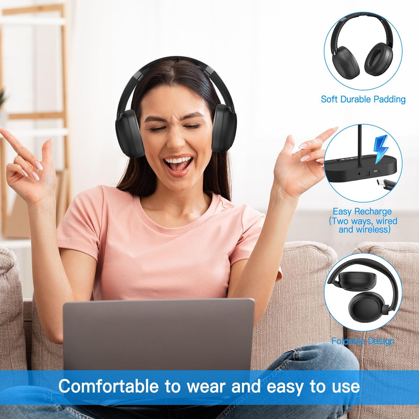 Sxhlseller Auriculares Inalámbricos para TV, con Base de Carga del Transmisor para Personas Mayores y Padres, Conexión óptica AUX Bluetooth 5.4, Tiempo de Reproducción de 40 Horas con