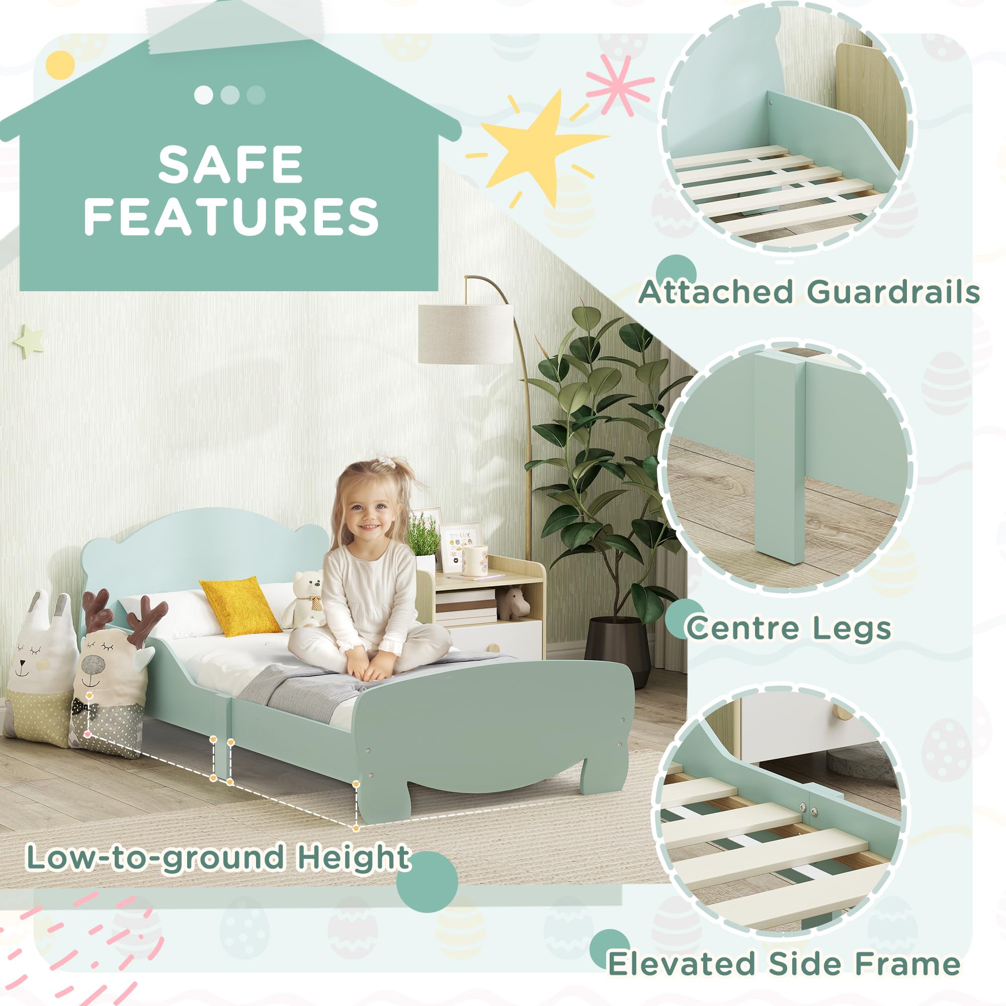 Lit Montessori pour Enfants 3-6 Ans 140x70 cm avec Côtés Anti-Chute et Sommier à Lattes Bois Vert