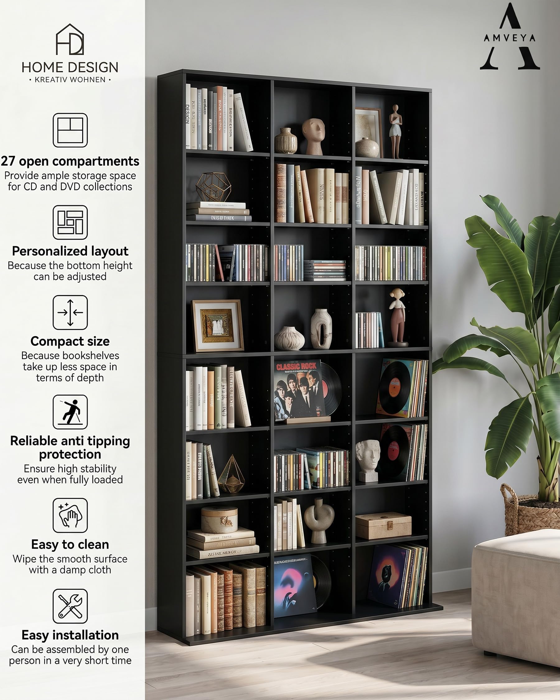 Bibliothèque étagère CD avec 22 compartiments – rangement DVD, étagères réglables, anti-basculement, MDF noir – pour CD, DVD, livres – meuble de rangement