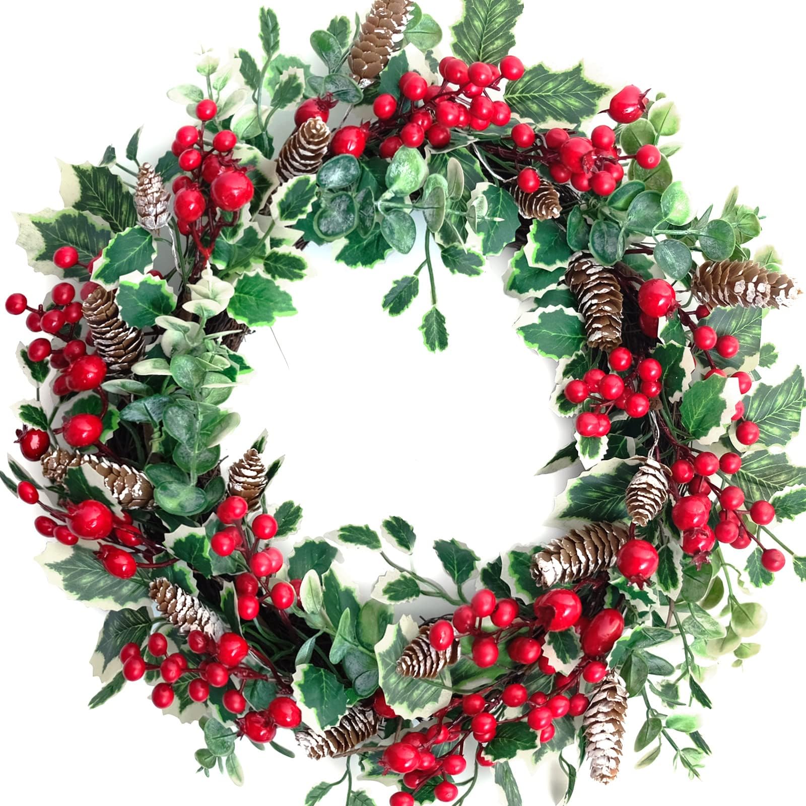 Floribus 18 Inch Christmas Wreath for Front Door with Holly Berry Pine Cones, Evergreen Winter Holiday Wreath, Green Holly Front Door Decor