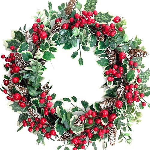 18 Inch Holly Berry Pine Cones Wreath Christmas Wreath for Front Door, Evergreen Winter Holiday Wreath Green Holly Front Door Wreath