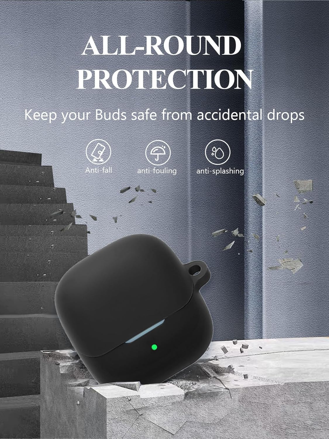 Case for Baseus BS1 Earbuds, WUNIAK Soft Silicone Protective Portable Scratch Shock Resistant Shell with Cleaner Kit & Carabiner & Lanyard ,Black - Image 2