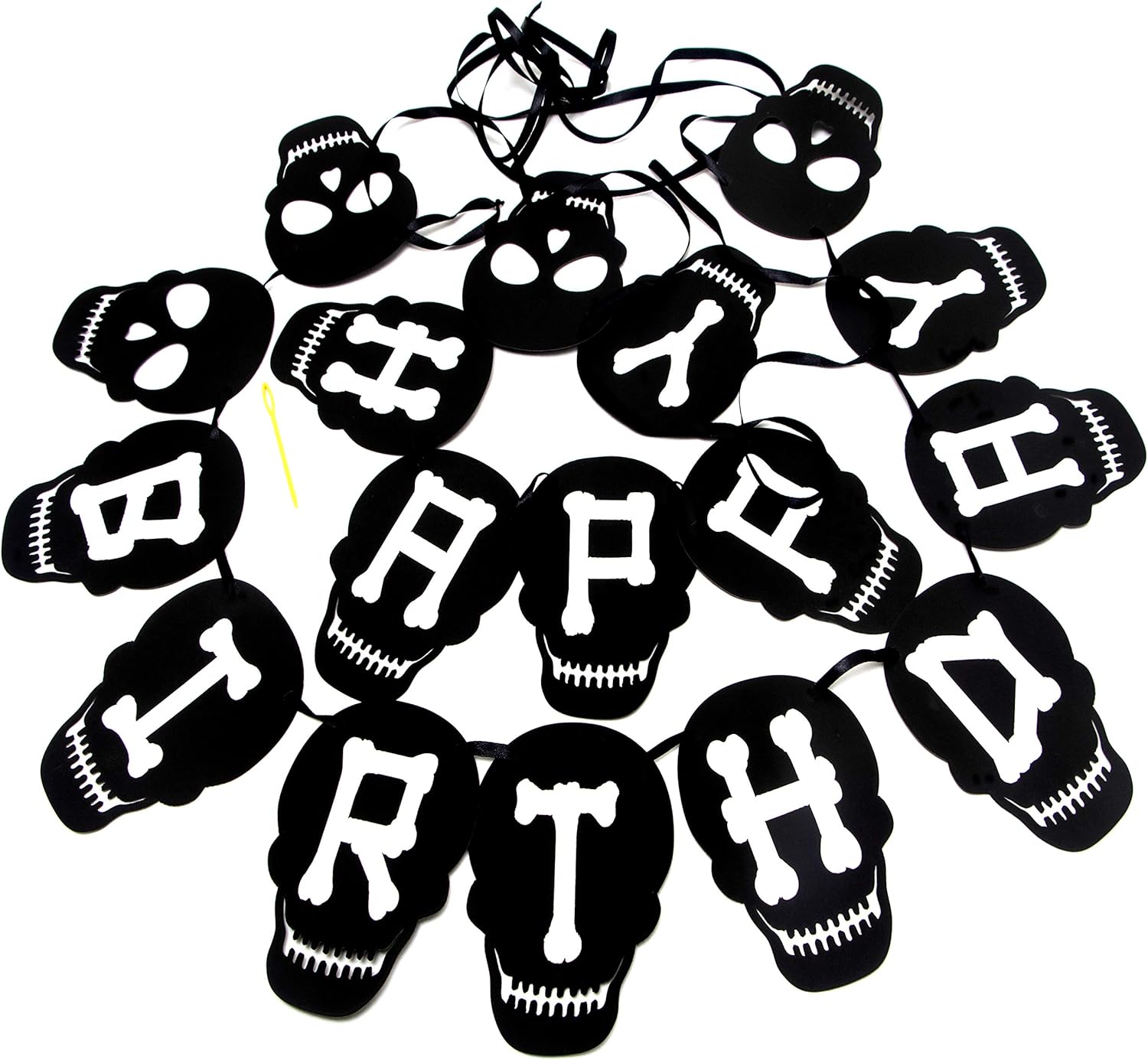 Black Skull Happy Birthday Banner – Gothic Horror Party Decoration, Spooky Pirate Skull Themed Birthday Banner for Men, Boys, Halloween Party Supplies, Rock Punk Skull Birthday Decor. - Image 4
