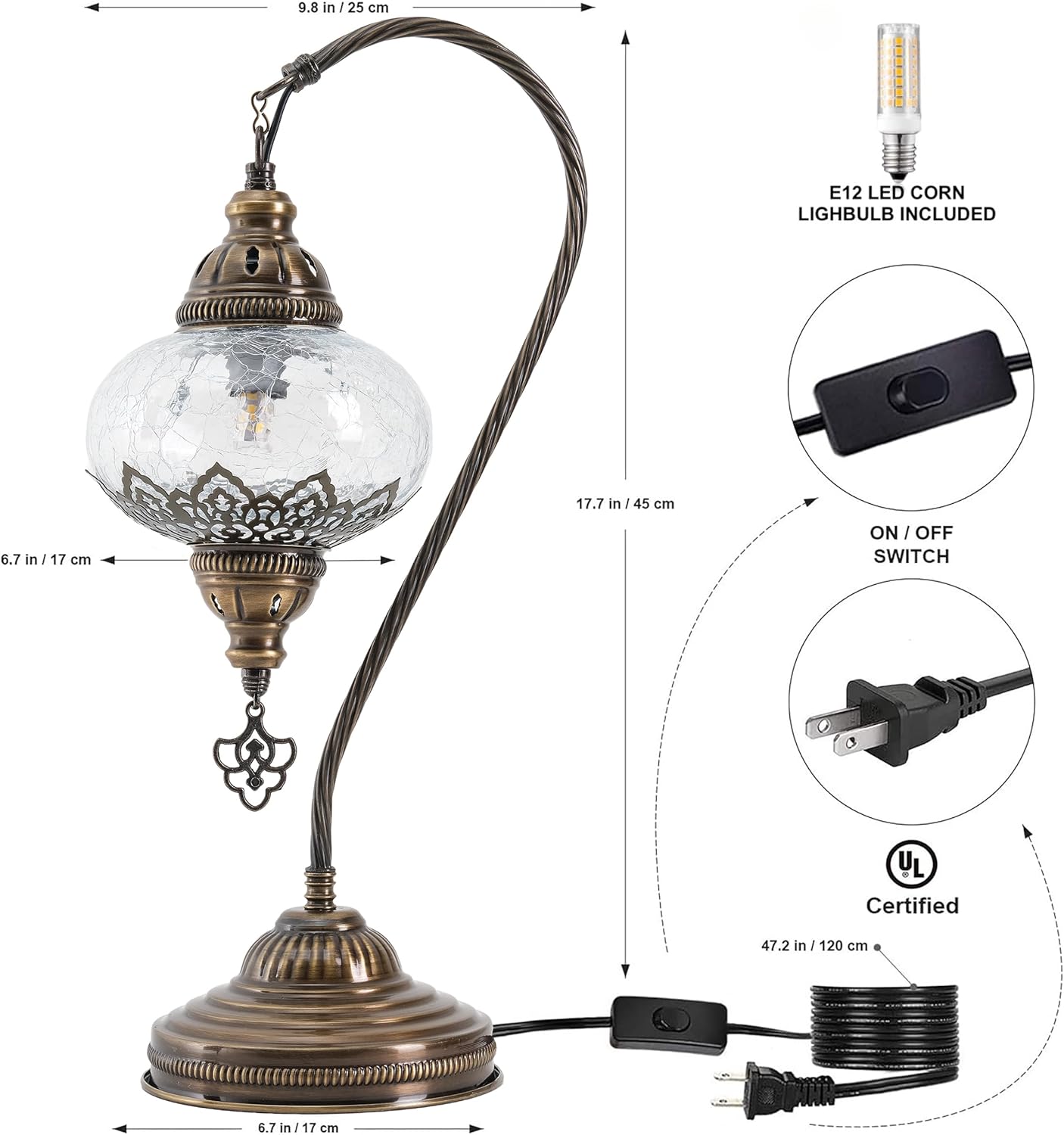 Mozaist Turkish Moroccan Clear Glass Swan Neck Table Lamp, Authentic Vintage Bohemian Lamp Shade, Tiffany Style Gooseneck Office, Living Room Rustic Decor with E12 Socket & US Plug (Crack Clear)