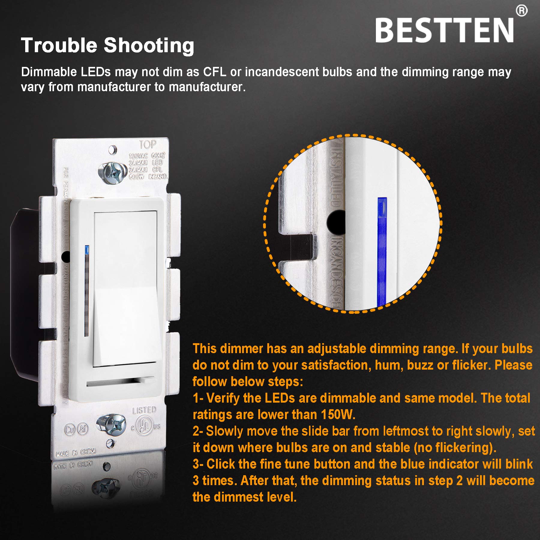 [5 Pack] BESTTEN Digital Dimmer Switch with LED Indicator, Single Pole or 3Way, for Dimmable