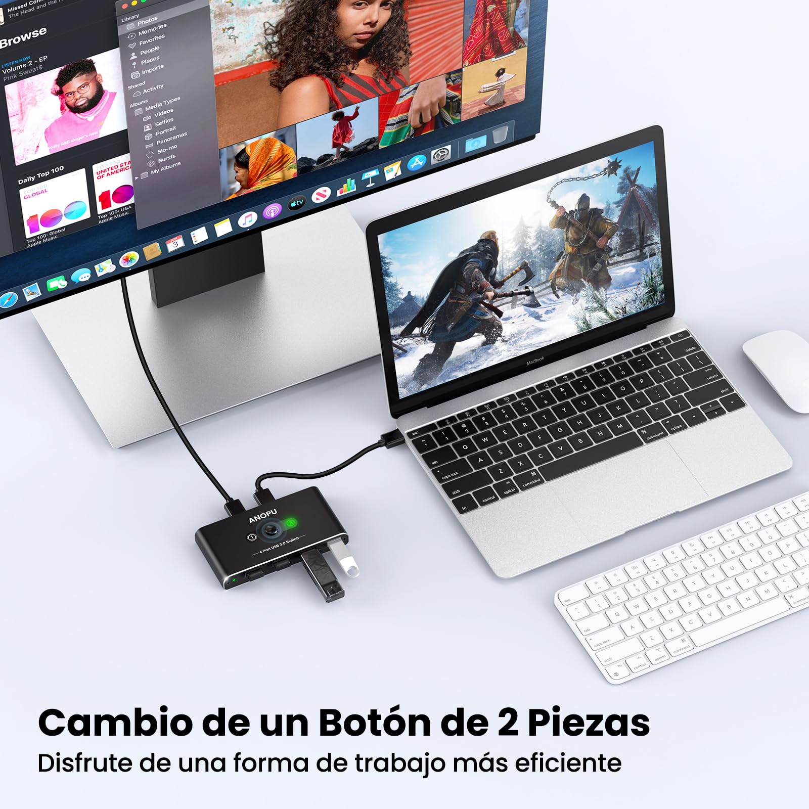 USB Switch, Conmutador KVM USB 2PC USB 3.0 2 Entradas 4 Salidas, 5 Gbps Switch USB Actualizado con 2 Cables USB 3.0 para Impresora, Ratón, Teclado, Disco Duro, Memoria USB, etc.