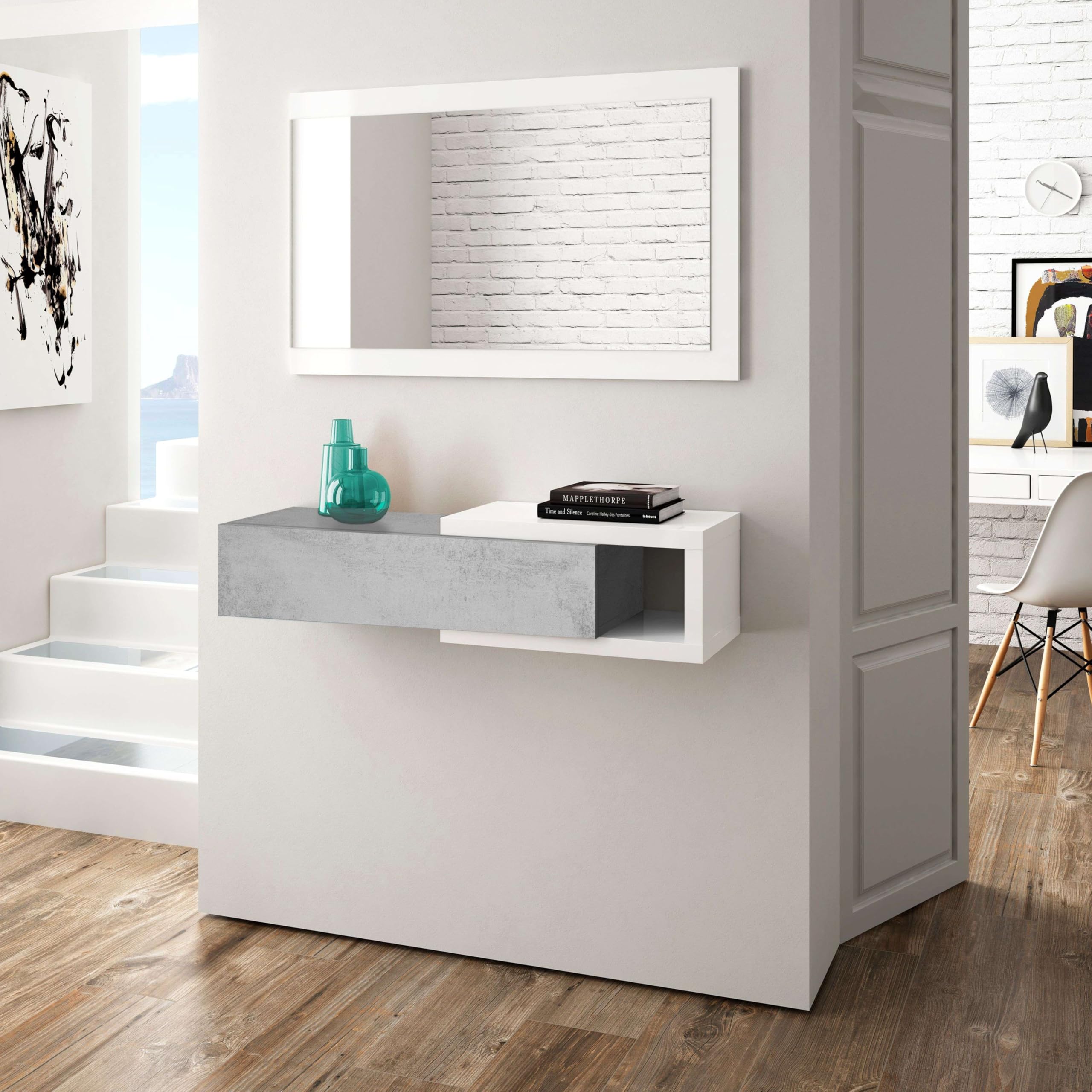 Habitdesign Ingresso con cassetto e specchio, mobile da ingresso, modello mezzogiorno, rifinito in bianco Artik e cemento, misure: 95 cm (larghezza) x 19 cm (altezza) x 26 cm (profondità)