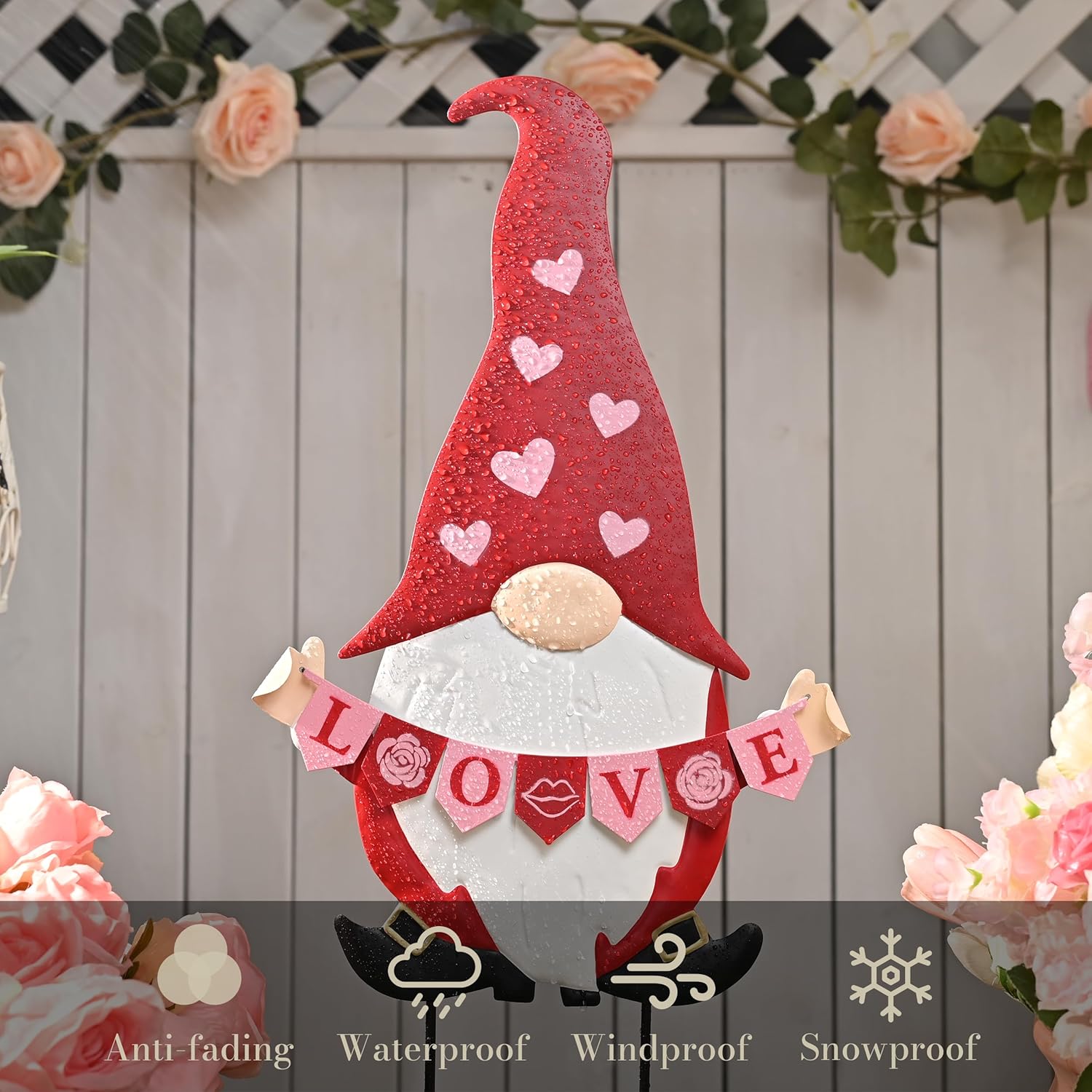 TERESA'S COLLECTIONS Valentine's Day Gnome Decor, 27" Metal Yard Stakes with Love Sign, Pink & Red Outdoor Garden Decor, Romantic Holiday Welcome Yard Signs for Lawn Porch Patio Home Decor