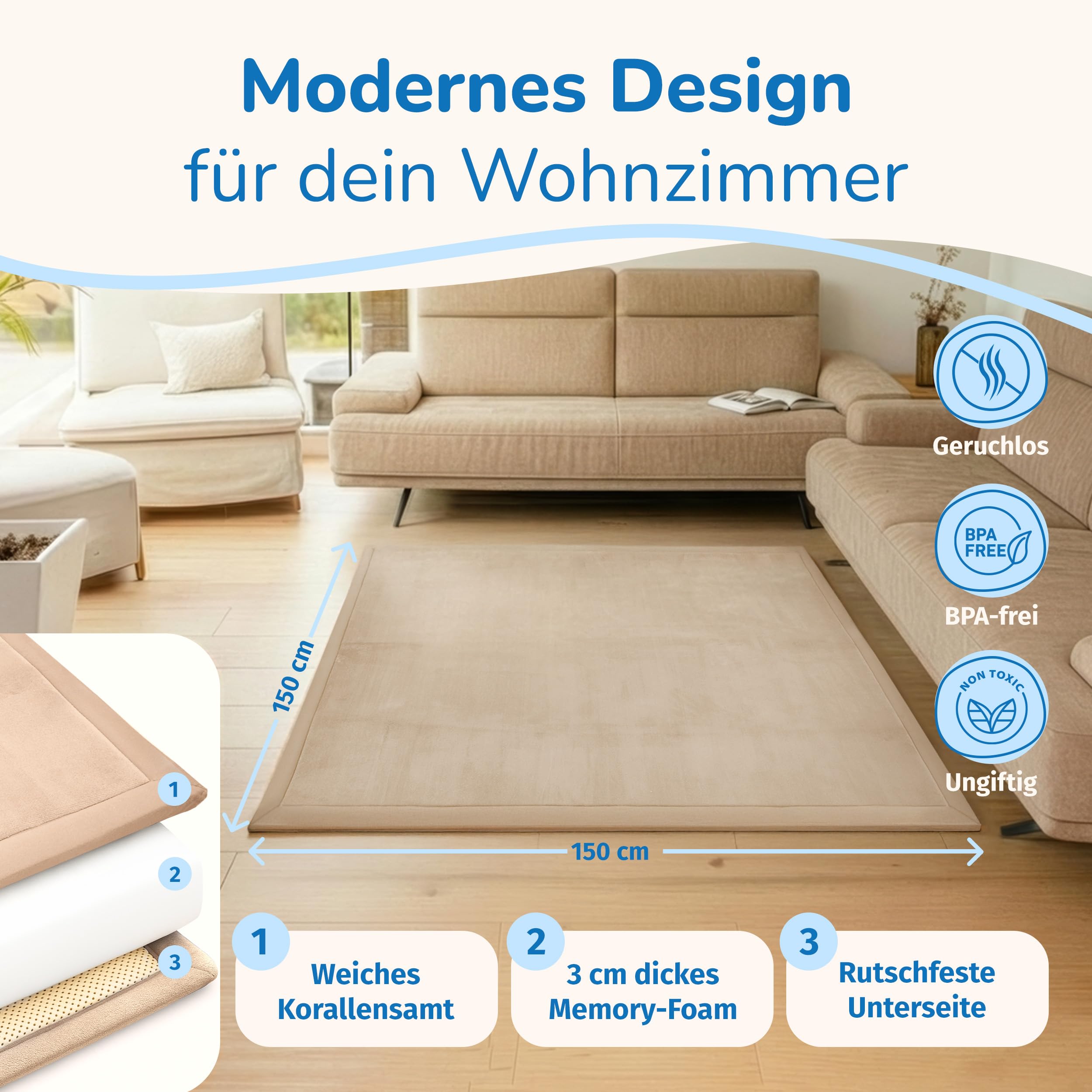 BabybeFun Krabbelmatte Baby - kuschelig weich - 3cm Dicke Spielmatte - schützt vor Stößen - Teppich Kinderzimmer 150x150cm - rutschfeste Schaumstoffmatte - Spielteppich Kinder - Krabbeldecke warm