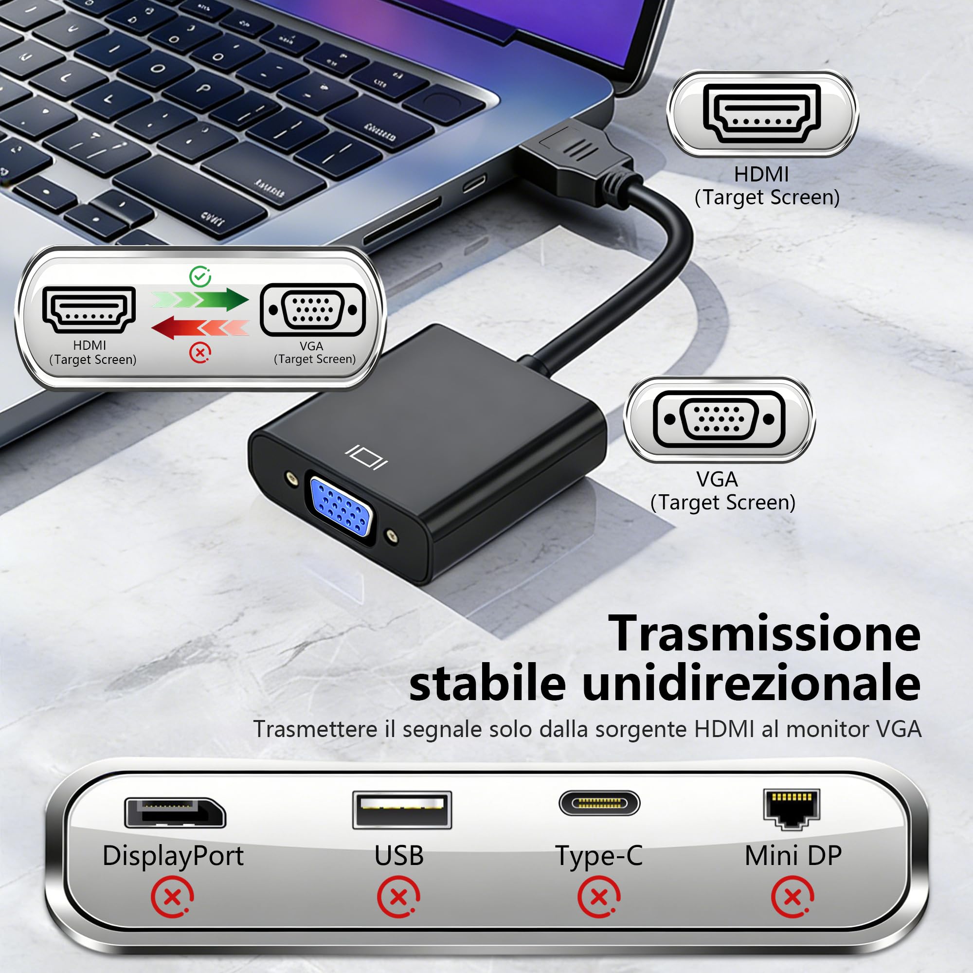 Adattatore HDMI a VGA, Convertitore Unidirezionale HDMI a VGA con Connettore Placcato in Oro, per Computer, Laptop, Proiettori, HDTV, Chromebook, Xbox