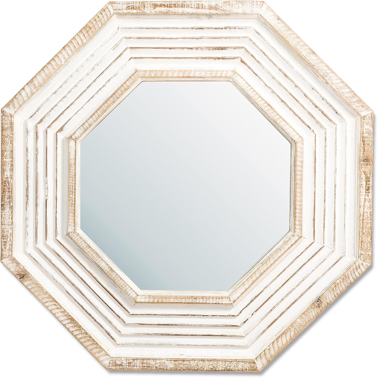 Glitzhome Farmhouse Wall Hanging Mirror with Octagonal Wood Framed Rustic Vintage Decorative for Entryway Bedroom Living Room Bathroom Dresser, 29" H, Washed White