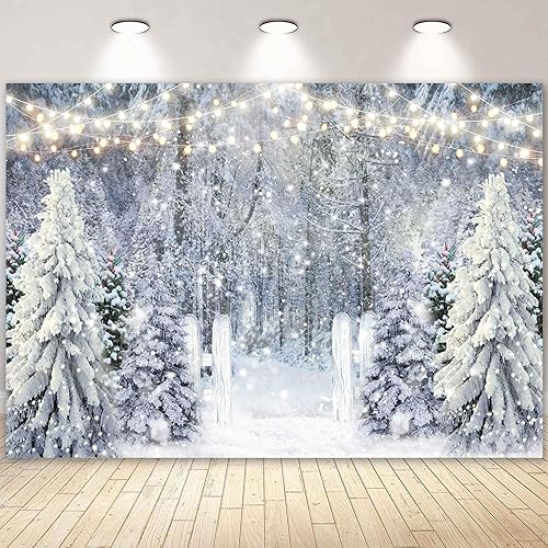 Miniatura 2 de Telón de fondo blanco nevado de 10 x 8 pies para fotografía de Navidad con purpurina del país de las maravillas de la naturaleza, árboles de