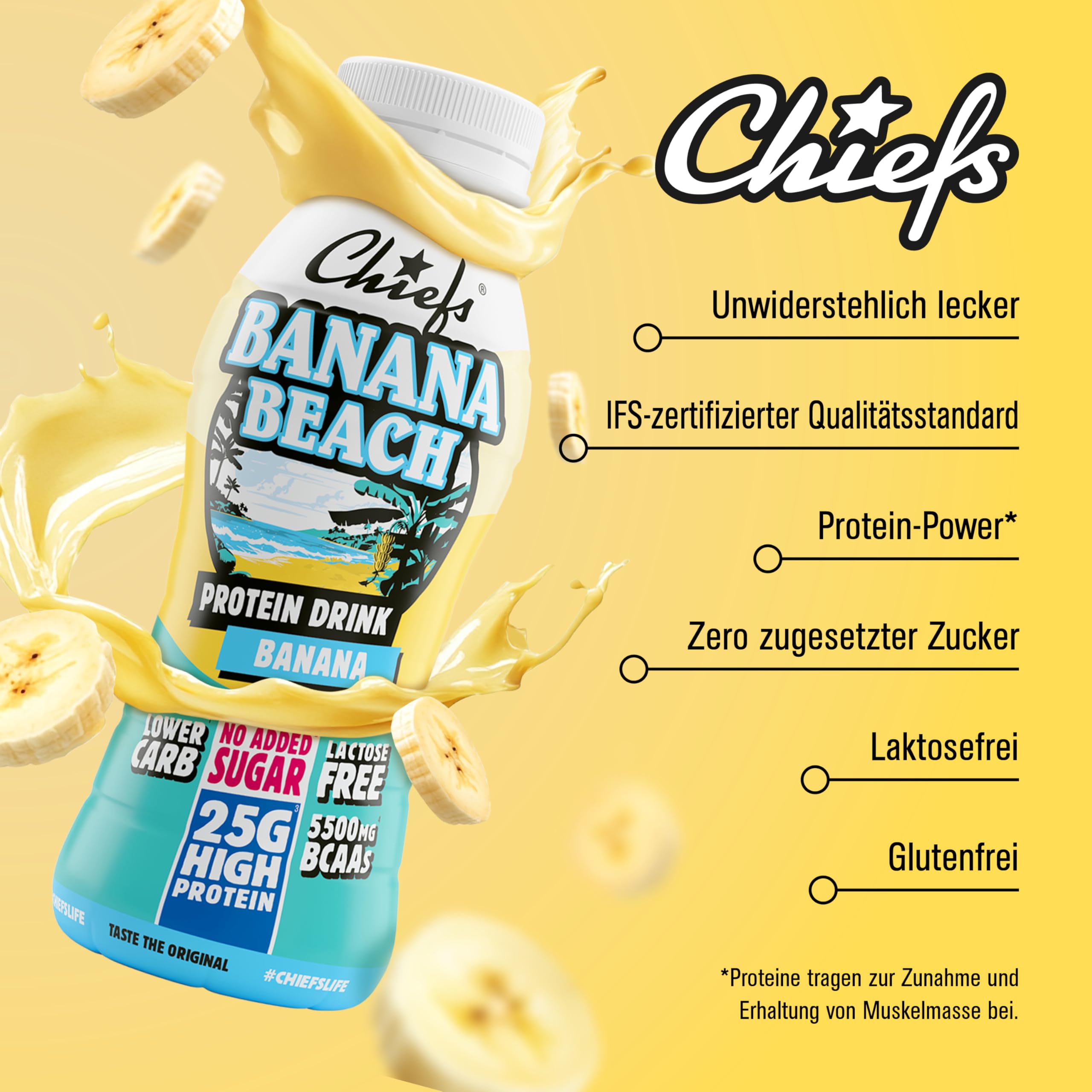 Chiefs High Protein Shake - Banane, 8x300ml - kein Zuckerzusatz & je 25g Protein - Protein Shake für Muskelaufbau - Laktosefrei & Lower Carb & Glutenfrei - Protein Drink