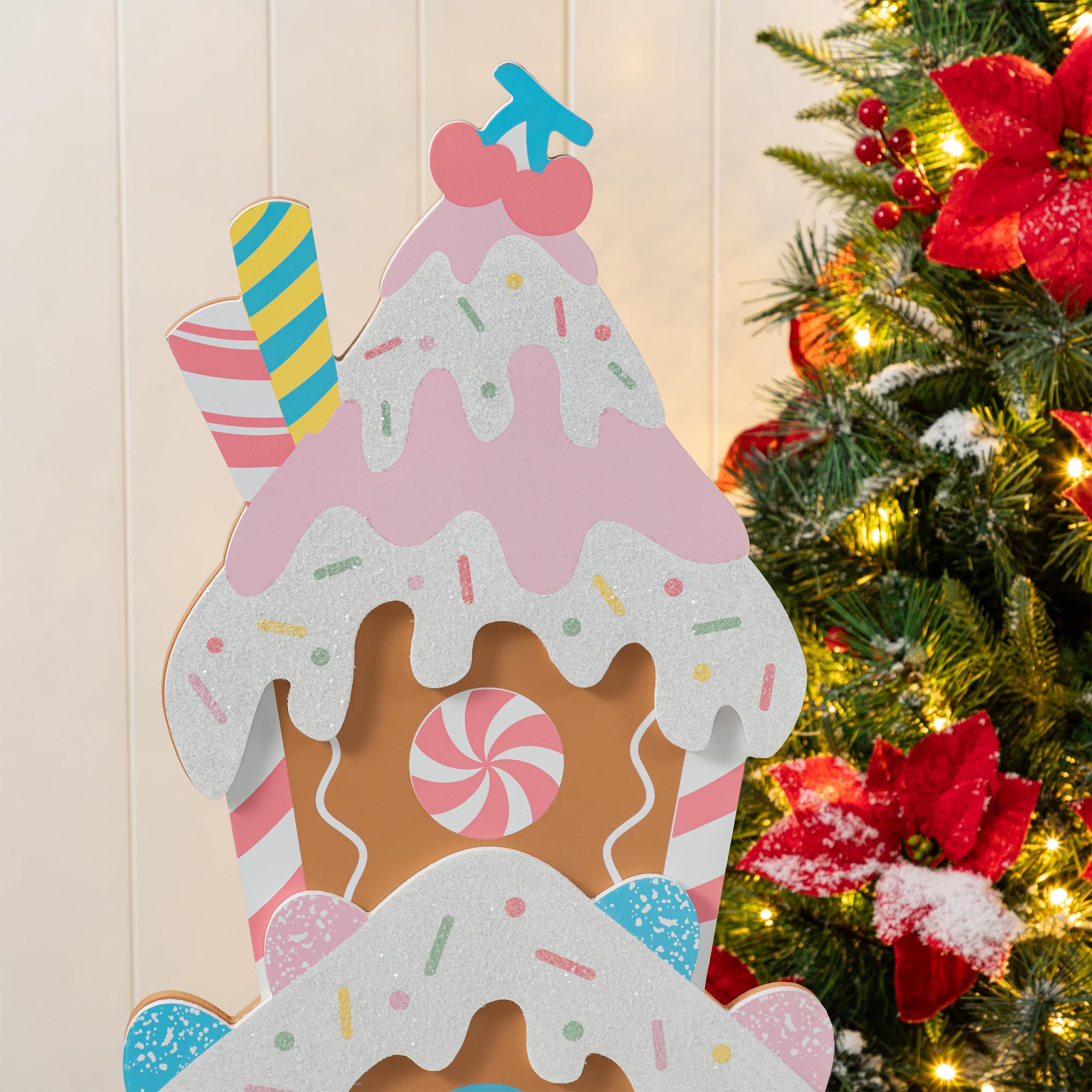Glitzhome Décoration de porche de Noël en bois de 88,9 cm de hauteur avec message de bienvenue, panneau de pain d'épices rustique autoportant avec base, porte d'entrée intérieure et extérieure