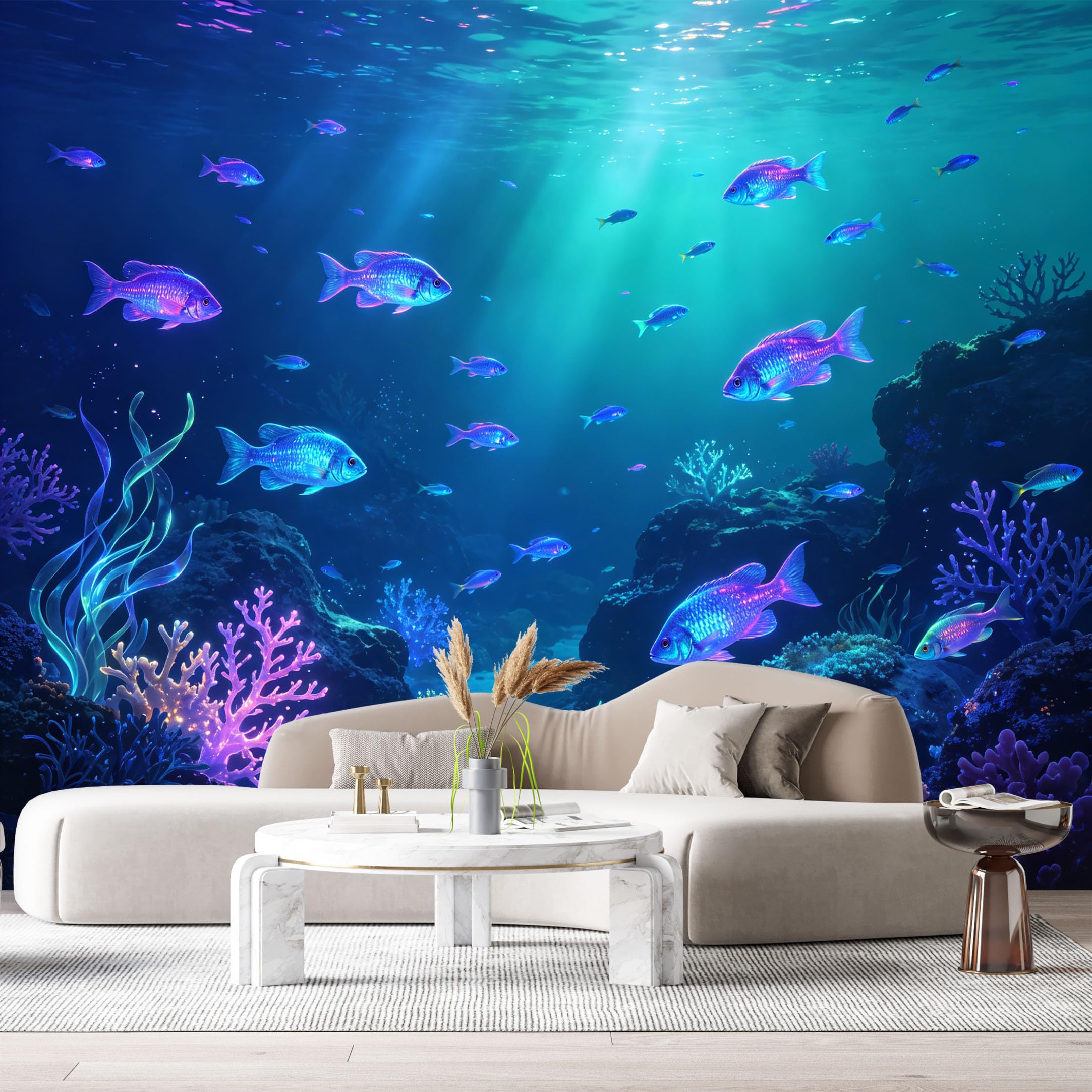 Custom Size Wall Murals Ocean Marine Tropical Fish Bioluminescent Coral Reef SelfAdhesiveWall Fabric Removable Wallpaper Wall Decor for Living Room Bedroom Bathroom