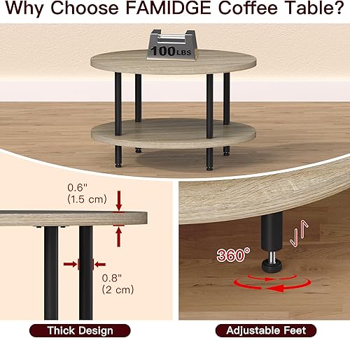 Miniatura 5 de Mesa auxiliar, mesas de centro de 2 niveles para sala de estar, mesa de centro redonda con almacenamiento, mesa de piso para dormitorio, oficina en