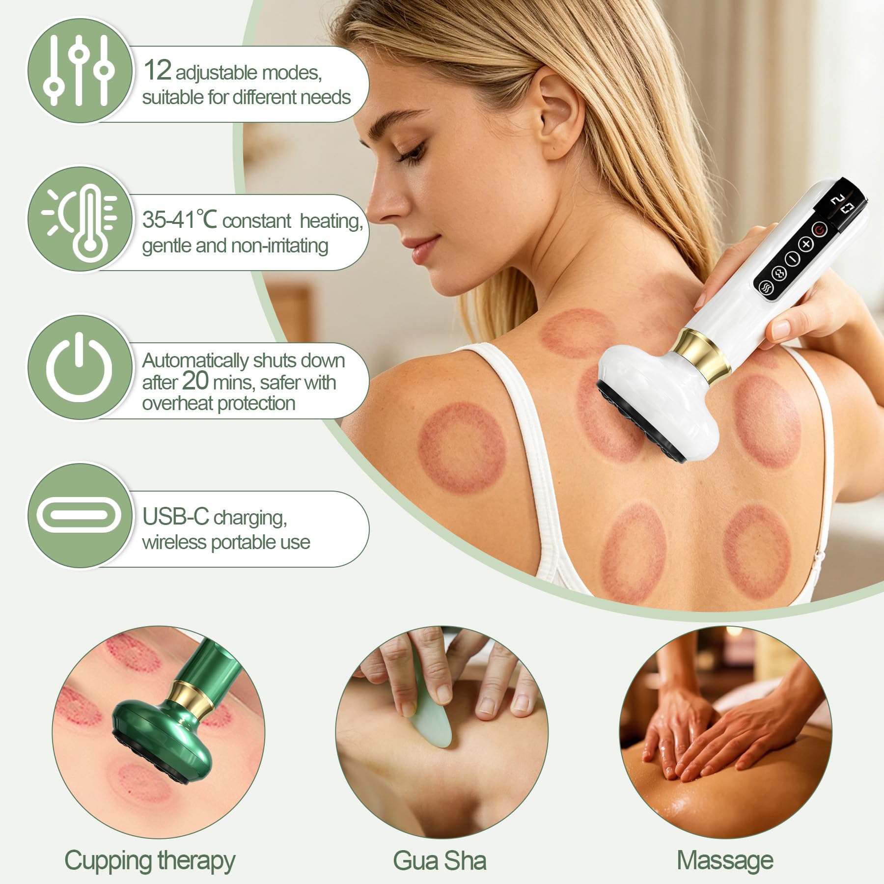 TZEKING Massaggiatore Elettrico a Coppettazione,4 Modalità Apparecchio di Gua Sha,Raschietto elettrico,Massaggio corpo Intero,Coppettazione